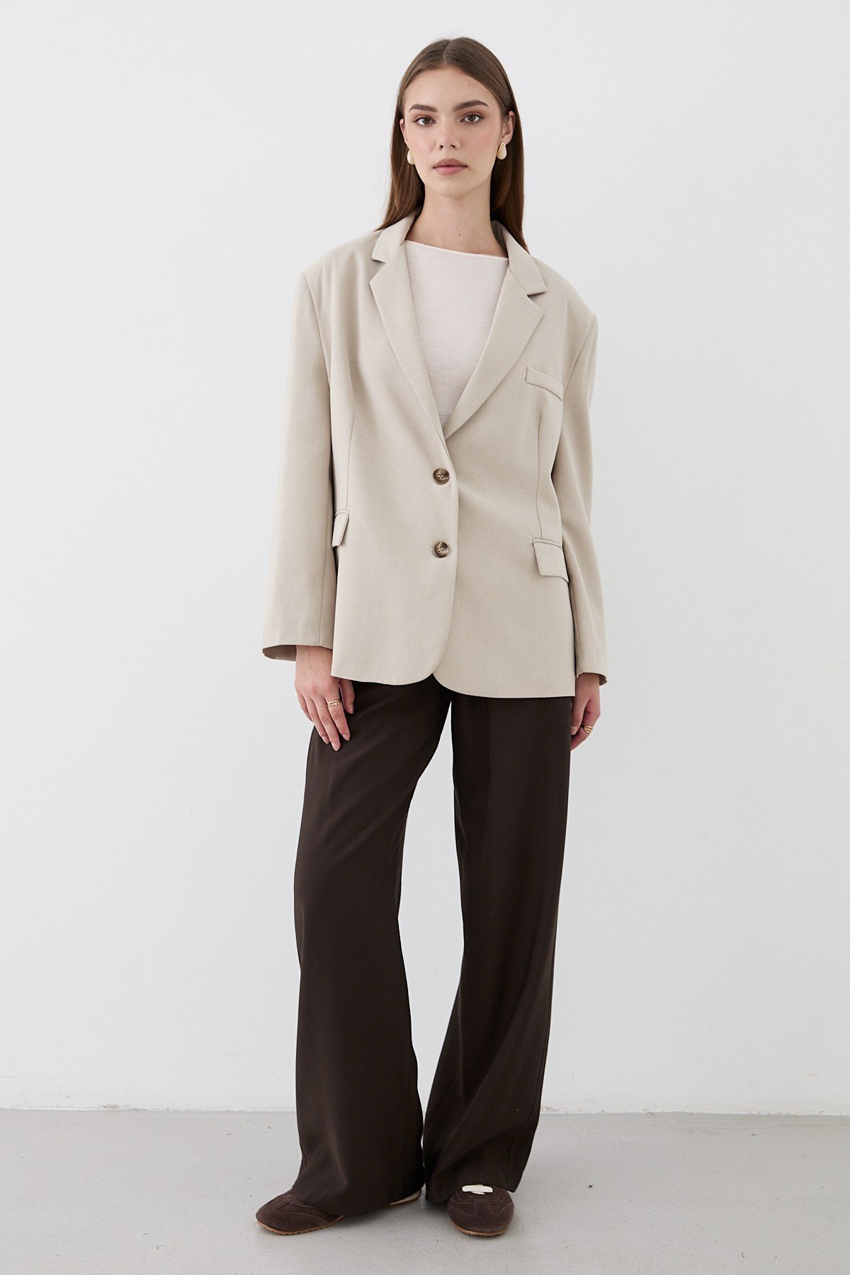 Kadın Taş Düğme Detaylı Oversize Blazer Ceket
