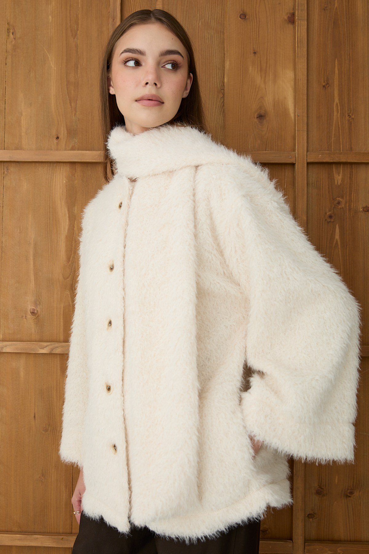 Kadın Taş Peluş Şal Yaka Oversize Hırka