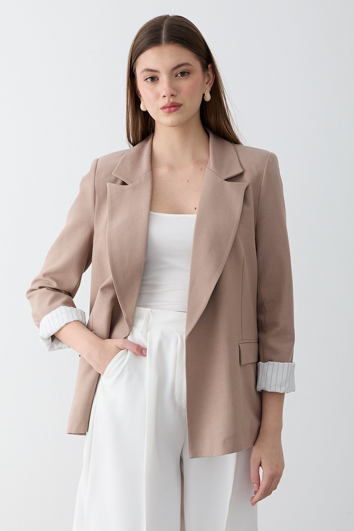 Kadın Vizon Çizgili İçi Astarlı Kol Detaylı Blazer Ceket