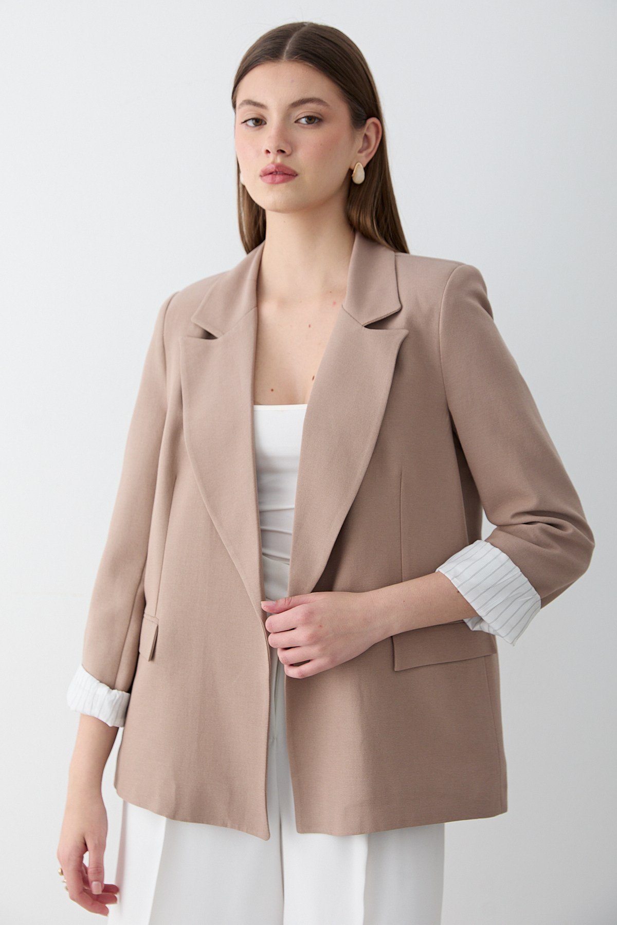 Kadın Vizon Çizgili İçi Astarlı Kol Detaylı Blazer Ceket