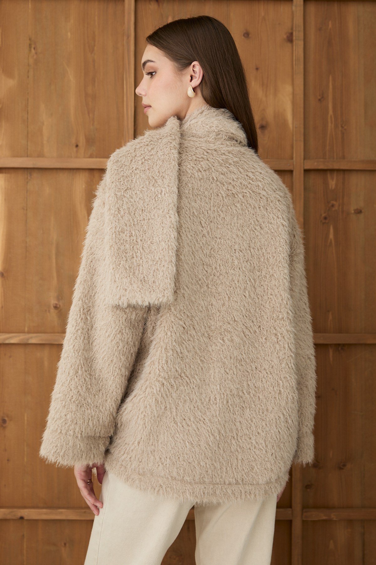 Kadın Vizon Peluş Şal Yaka Oversize Hırka