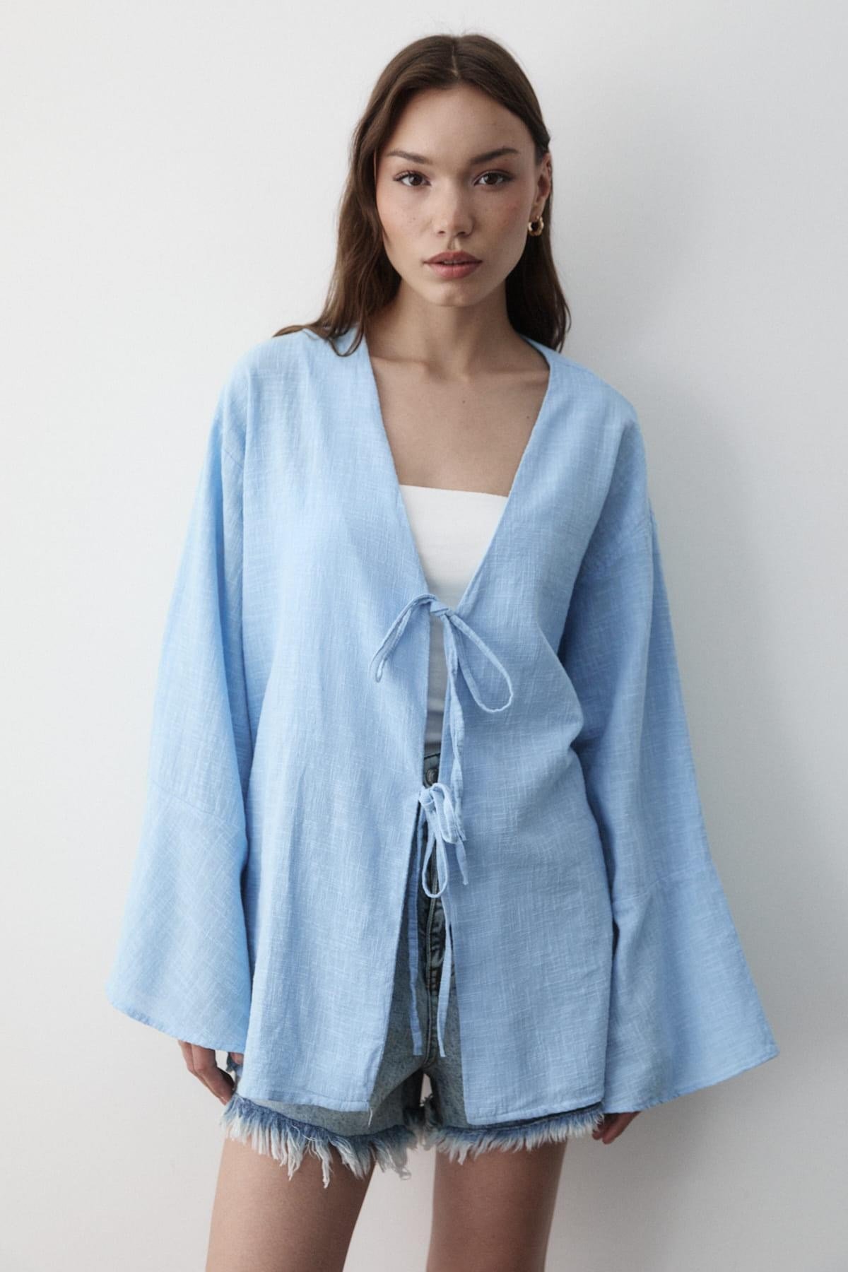 Kadın Yarasa Kol Çift Bağlamalı Kimono %100 Pamuk MAVİ