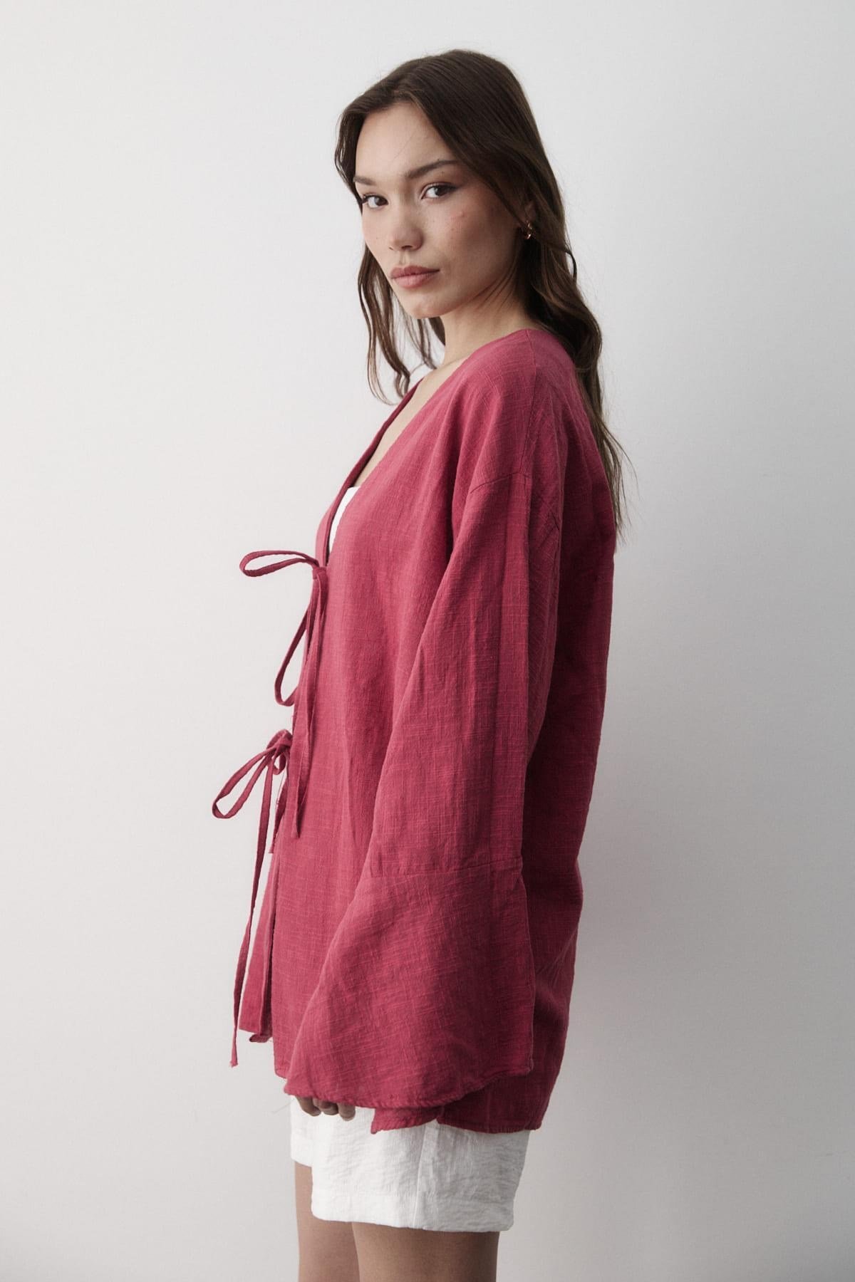 Kadın Yarasa Kol Çift Bağlamalı Kimono %100 Pamuk VİŞNE