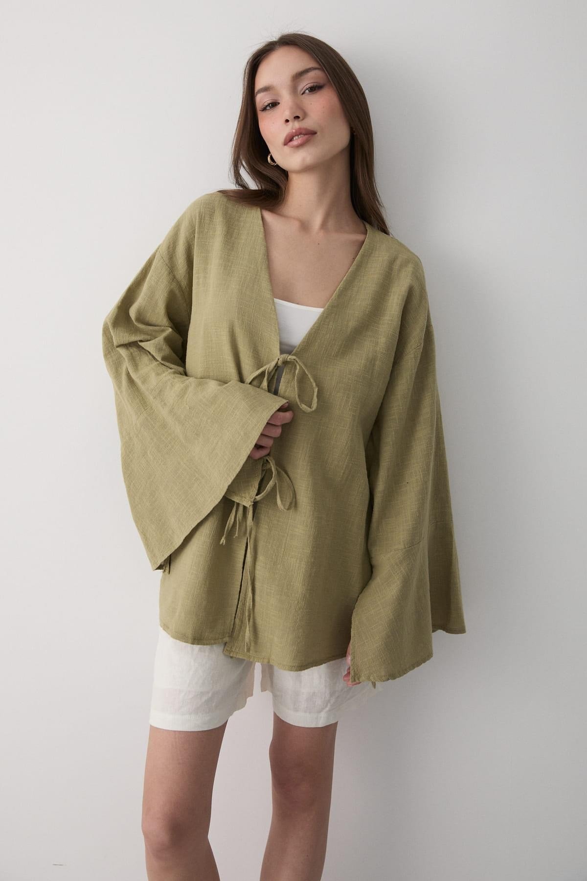 Kadın Yarasa Kol Çift Bağlamalı Kimono %100 Pamuk HAKİ
