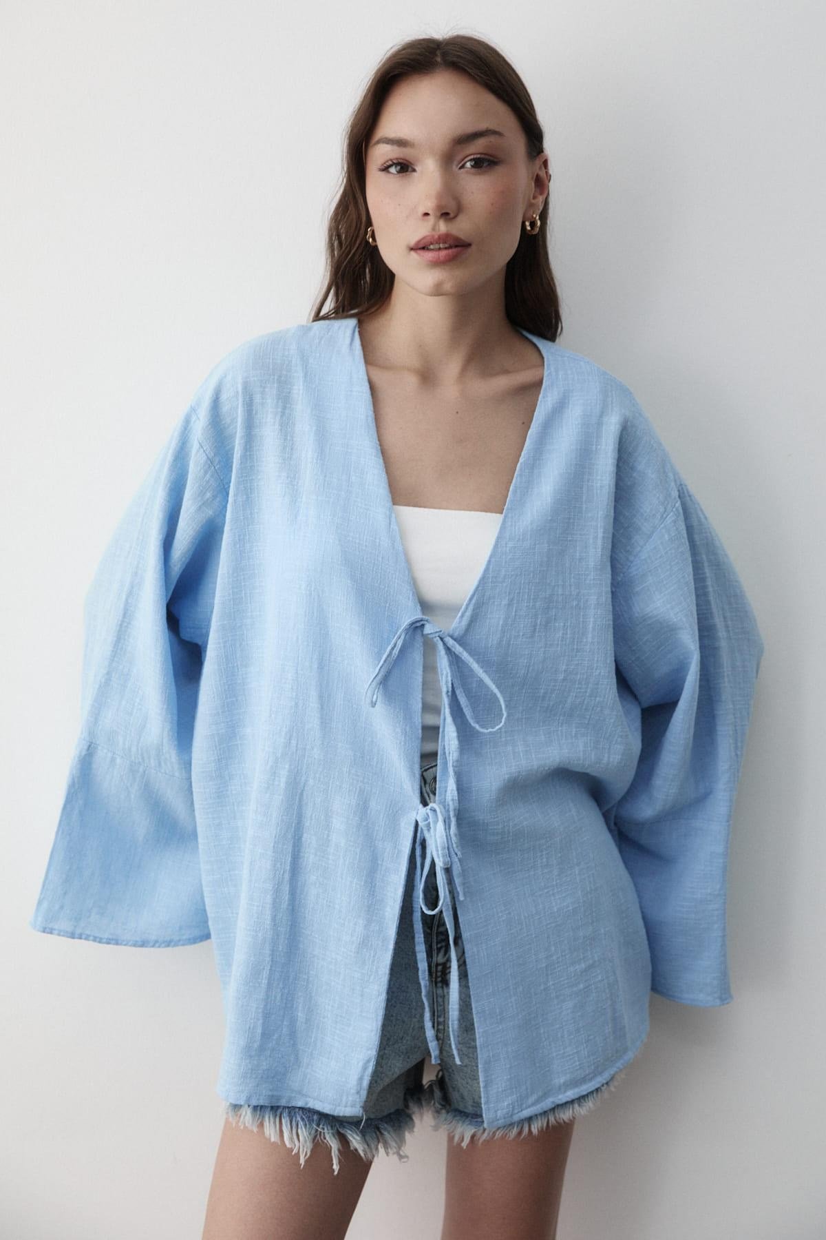 Kadın Yarasa Kol Çift Bağlamalı Kimono %100 Pamuk MAVİ