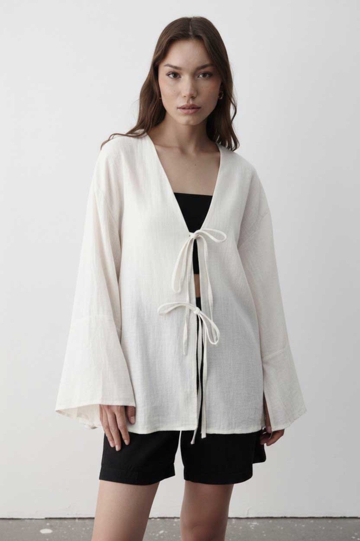 Kadın Yarasa Kol Çift Bağlamalı Kimono %100 Pamuk NATURAL