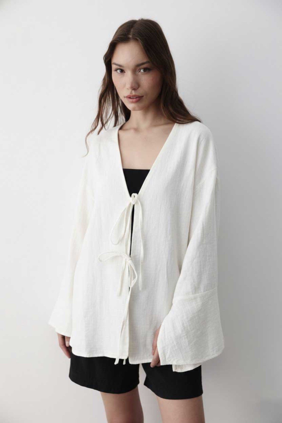 Kadın Yarasa Kol Çift Bağlamalı Kimono %100 Pamuk NATURAL