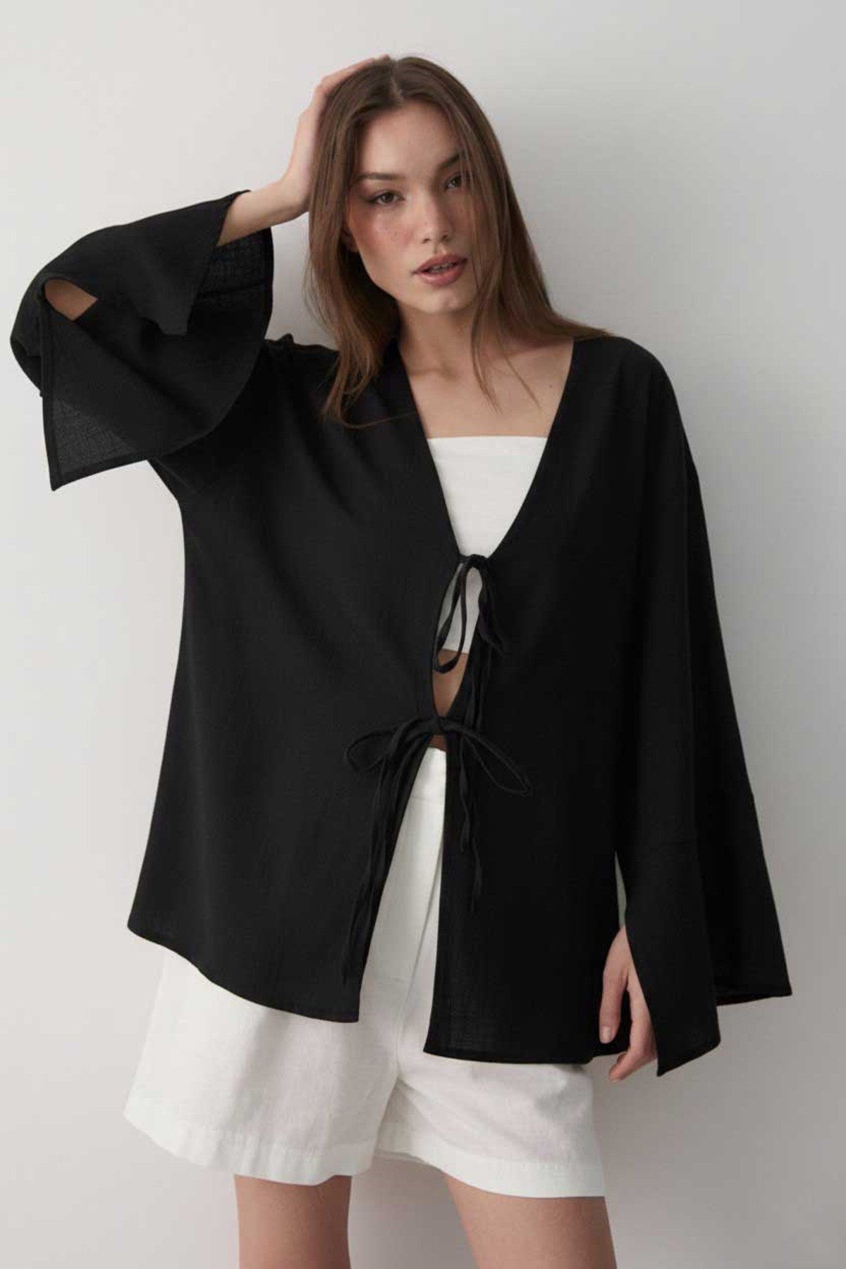 Kadın Yarasa Kol Çift Bağlamalı Kimono %100 Pamuk SİYAH