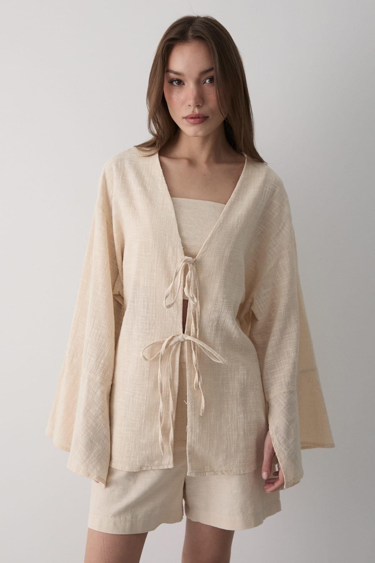 Kadın Yarasa Kol Çift Bağlamalı Kimono %100 Pamuk BEJ