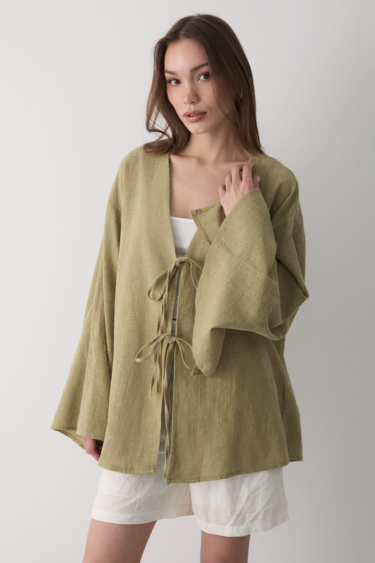 Kadın Yarasa Kol Çift Bağlamalı Kimono %100 Pamuk HAKİ