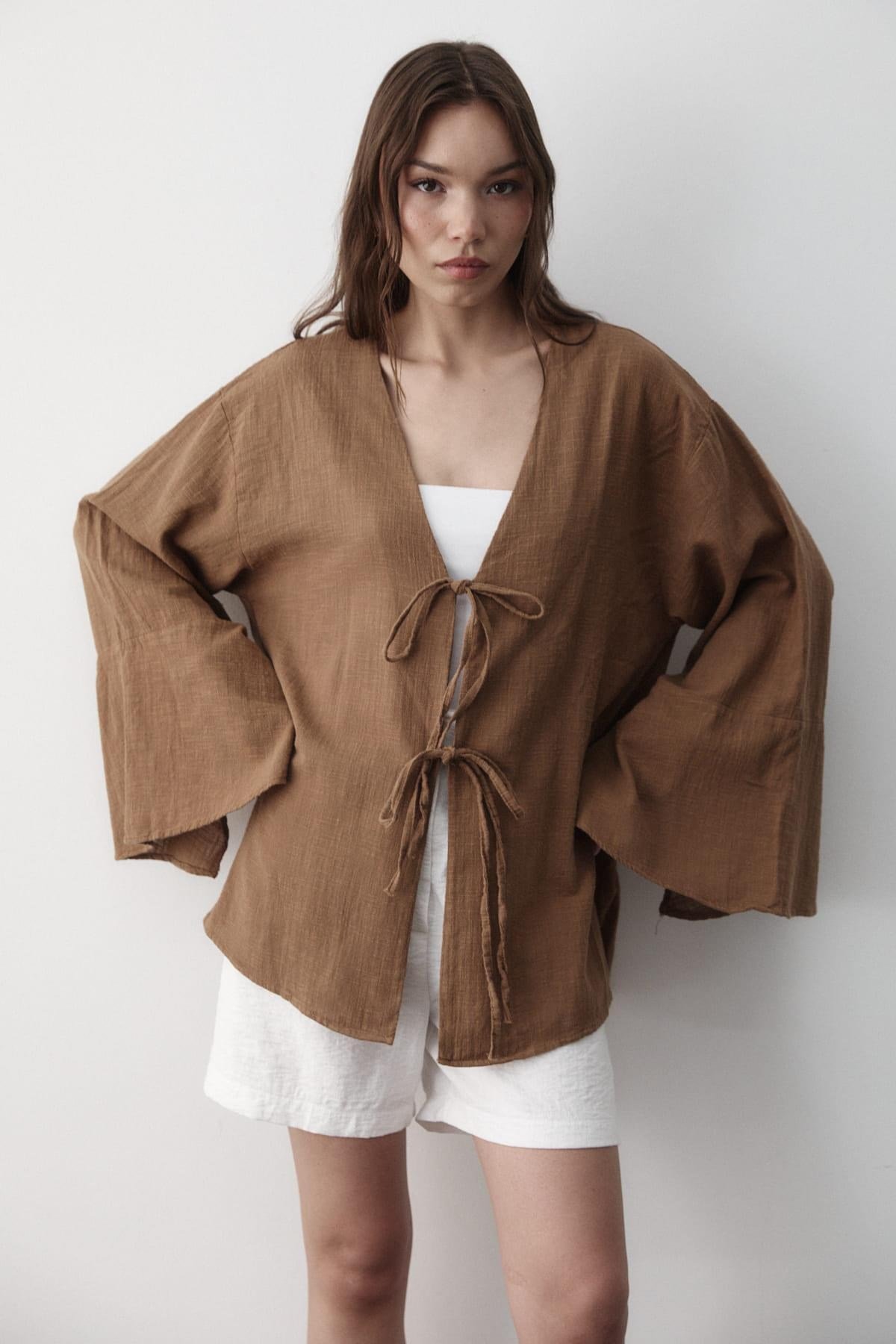 Kadın Yarasa Kol Çift Bağlamalı Kimono %100 Pamuk KAHVERENGİ