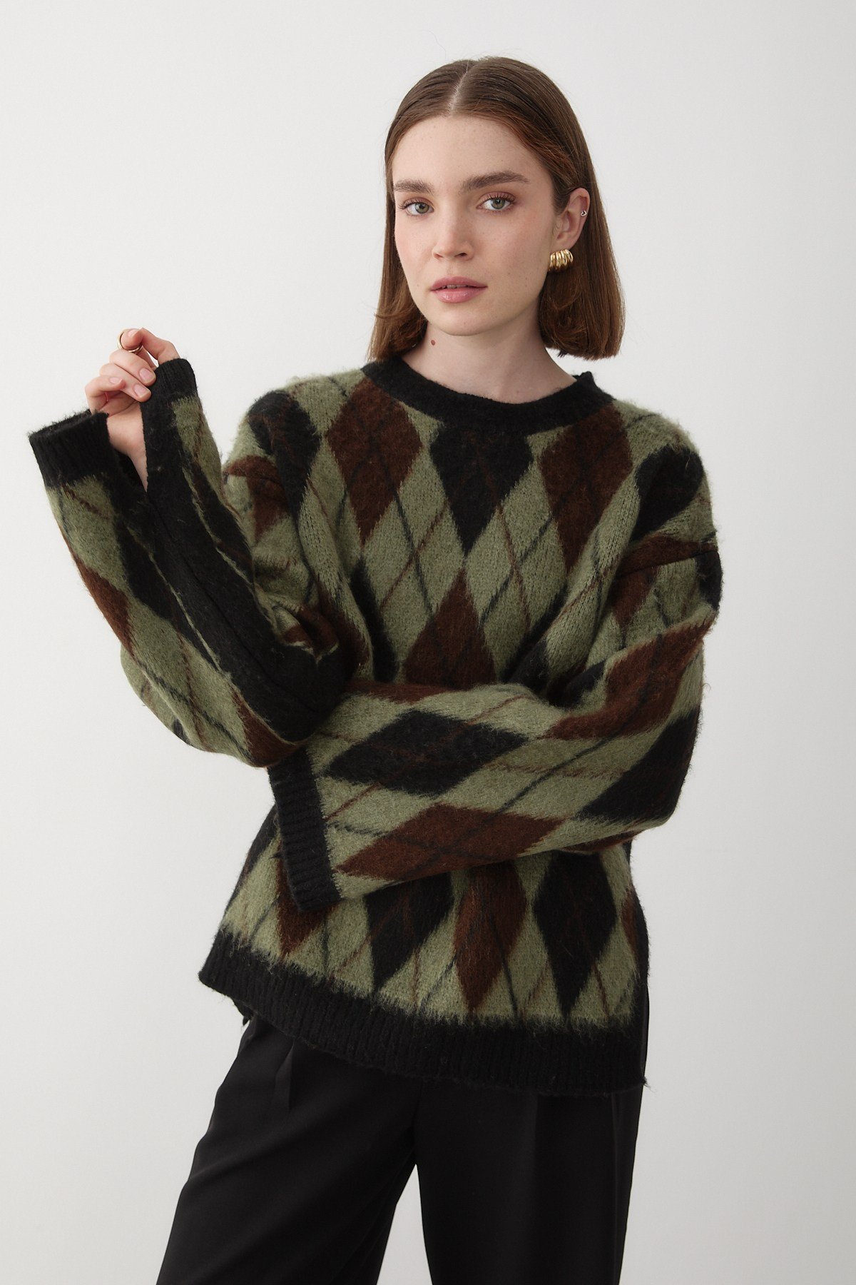 Kadın Yeşil Oversize Argyle Desenli Triko Kazak