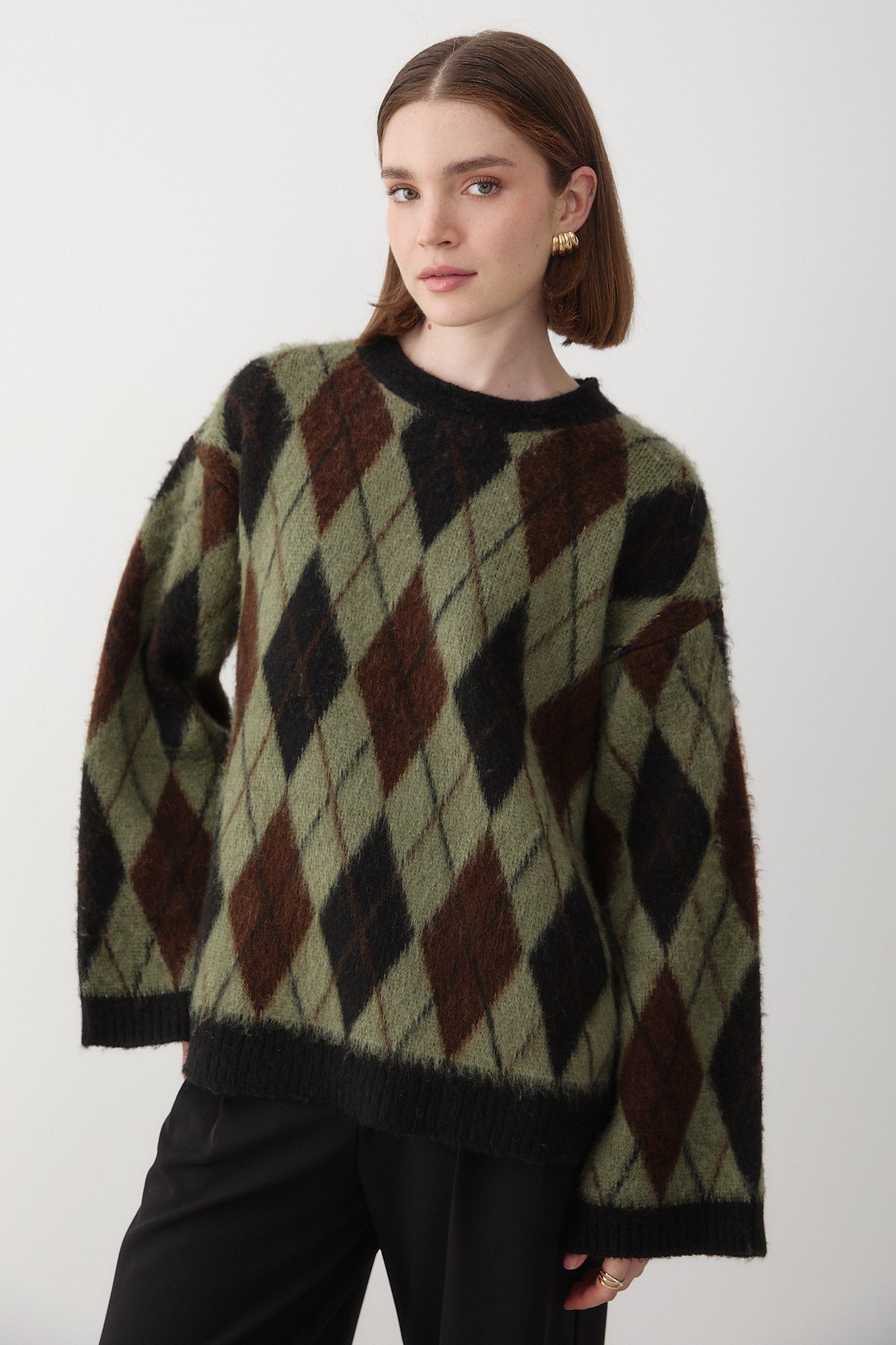 Kadın Yeşil Oversize Argyle Desenli Triko Kazak