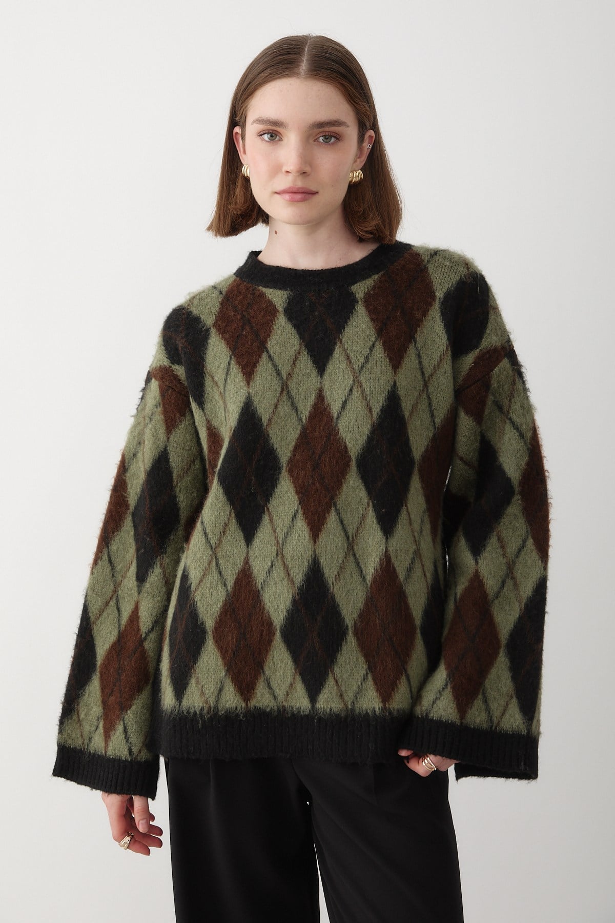 Kadın Yeşil Oversize Argyle Desenli Triko Kazak