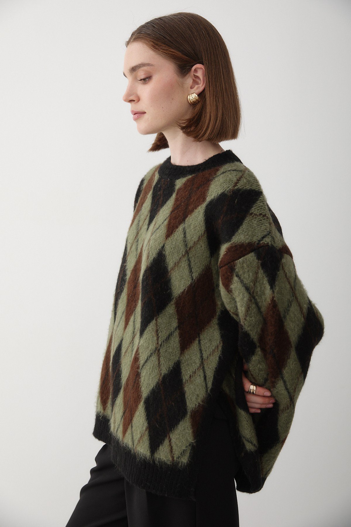 Kadın Yeşil Oversize Argyle Desenli Triko Kazak