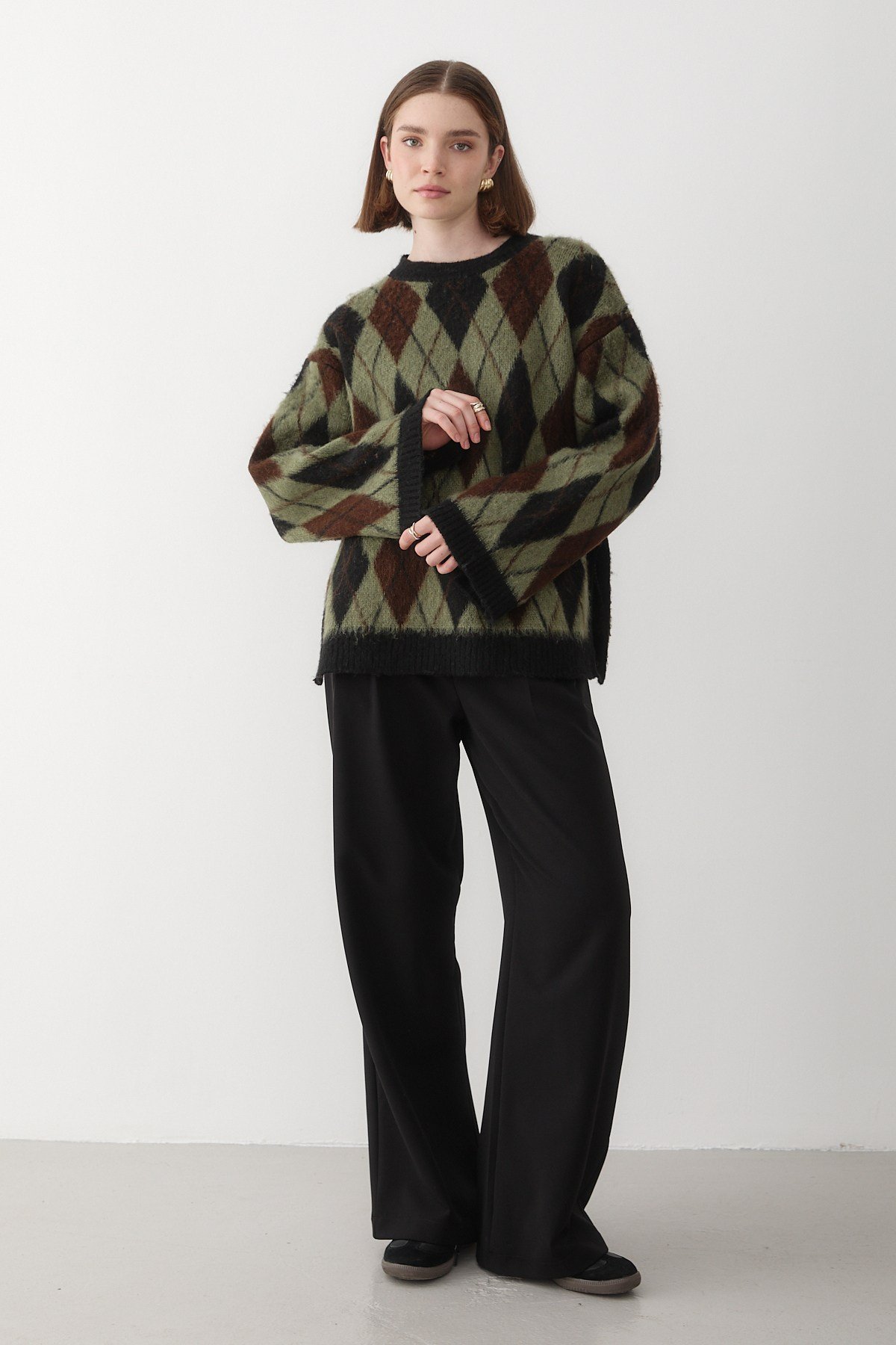 Kadın Yeşil Oversize Argyle Desenli Triko Kazak
