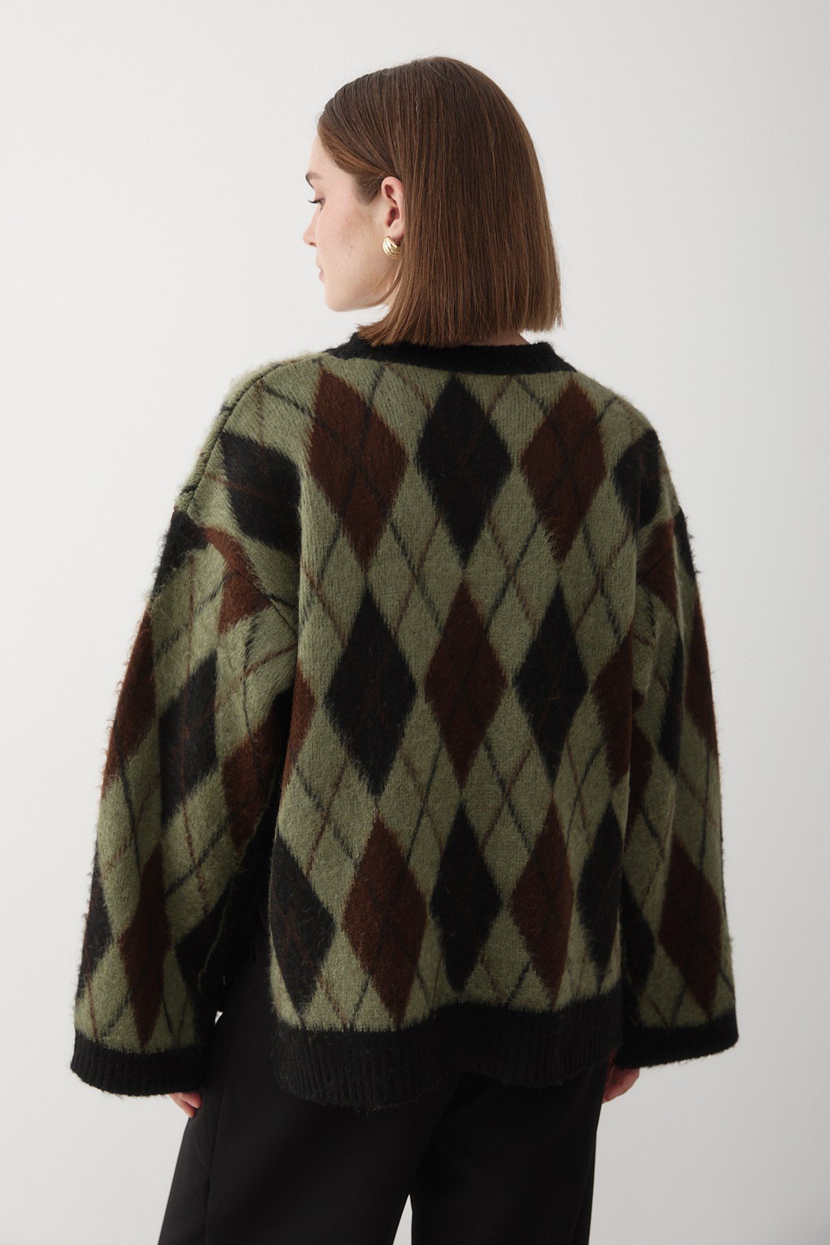 Kadın Yeşil Oversize Argyle Desenli Triko Kazak