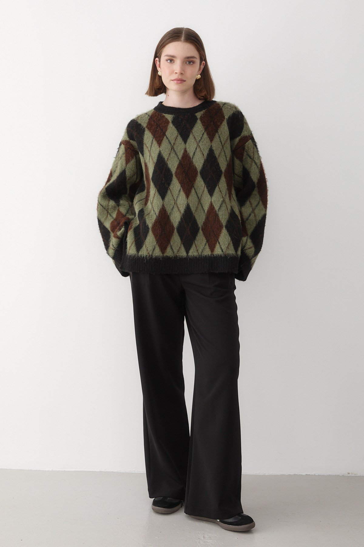 Kadın Yeşil Oversize Argyle Desenli Triko Kazak