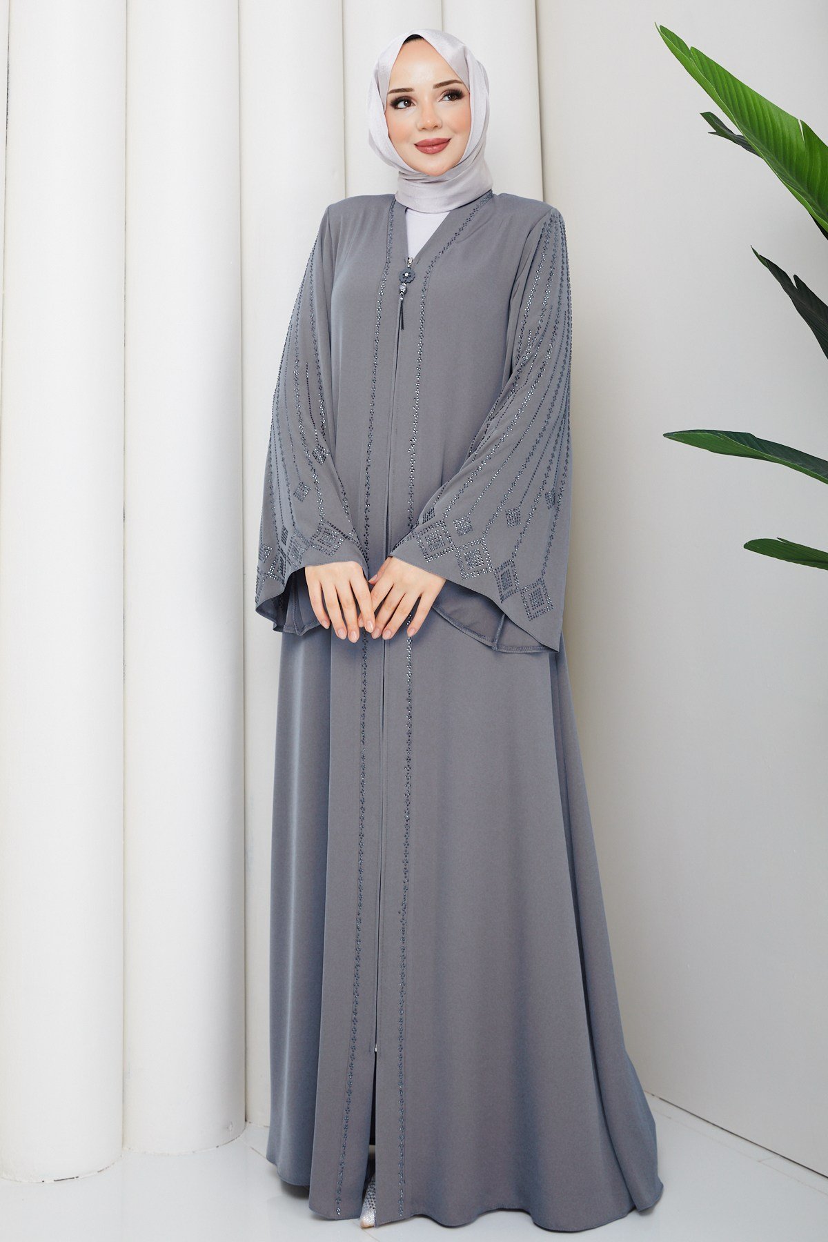 ABAYA DUBAİ İPEĞİ TAŞLI FERACE / Gri