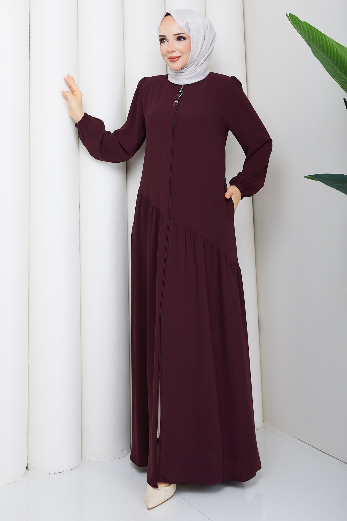 ASİMETRİK KESİM FERACE / Bordo