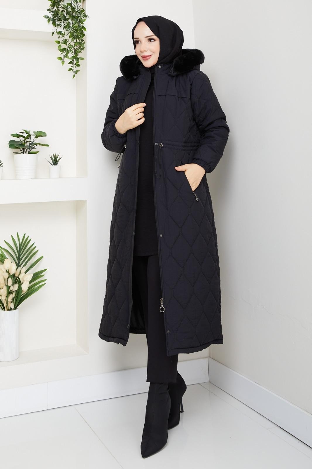 BELİ LASTİKLİ KAPİTONE MONT / Siyah