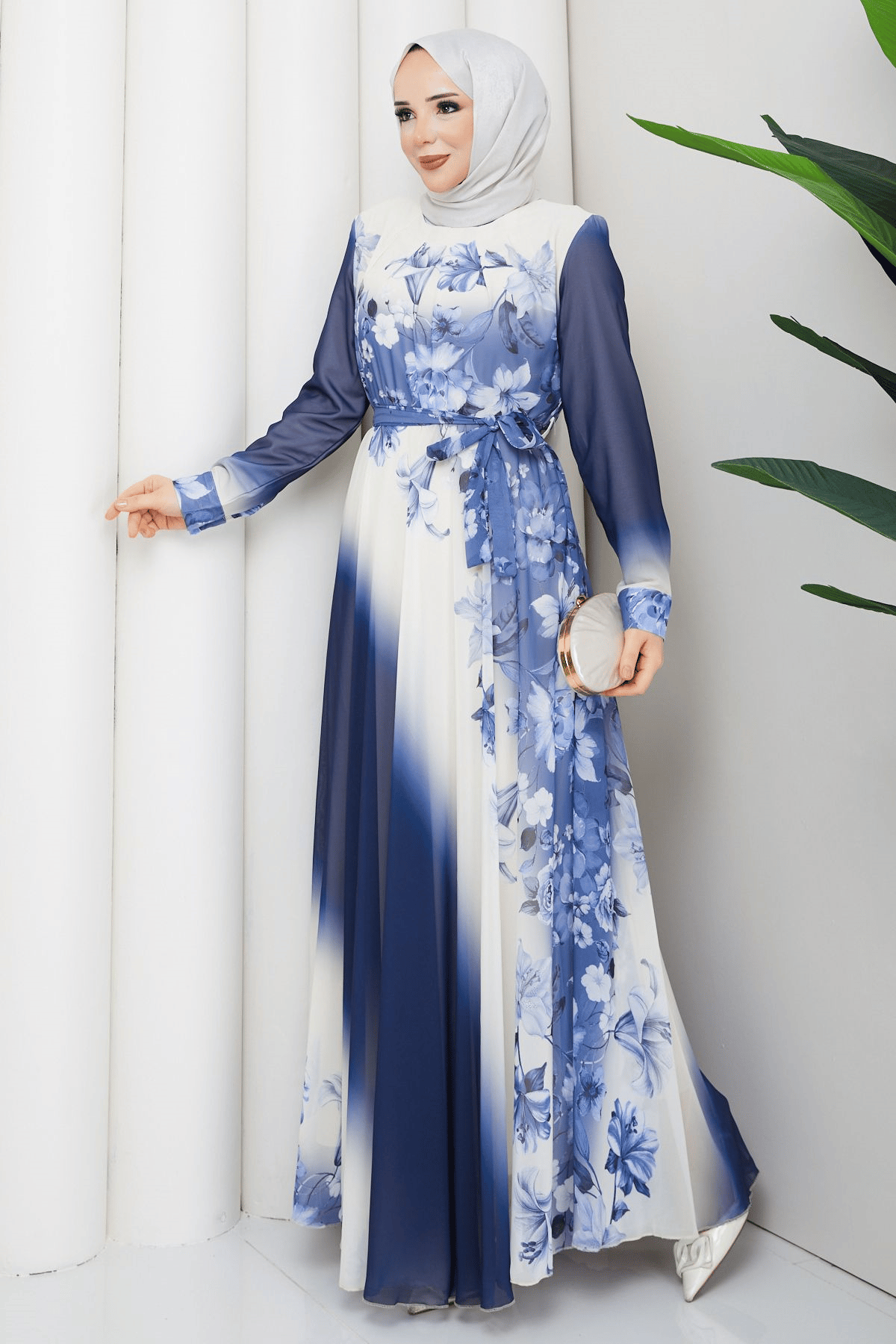 ETEĞİ SULU ASTARLI ŞİFON ELBİSE