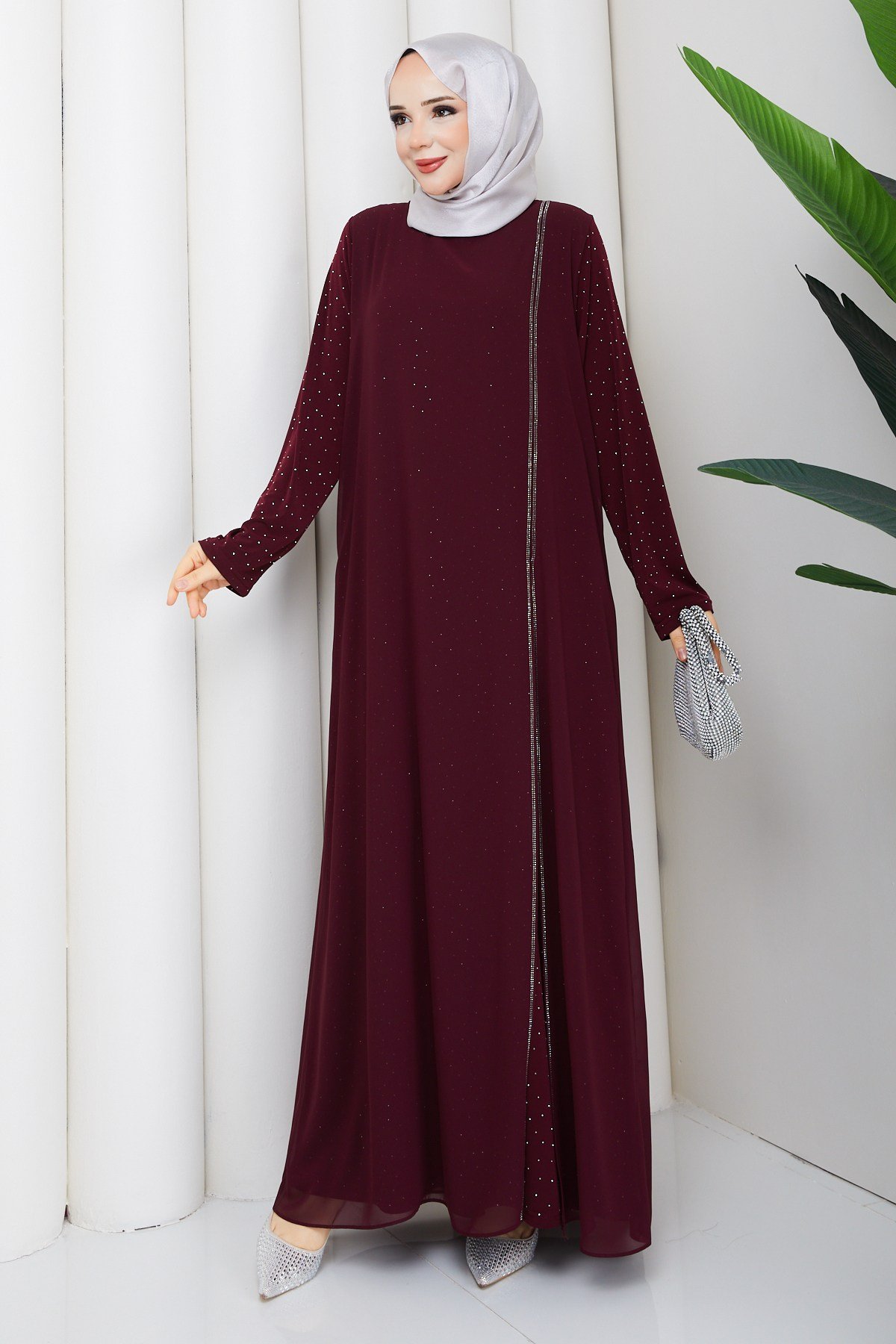 KOLU BENEK DETAYLI ABİYE ELBİSE / Bordo