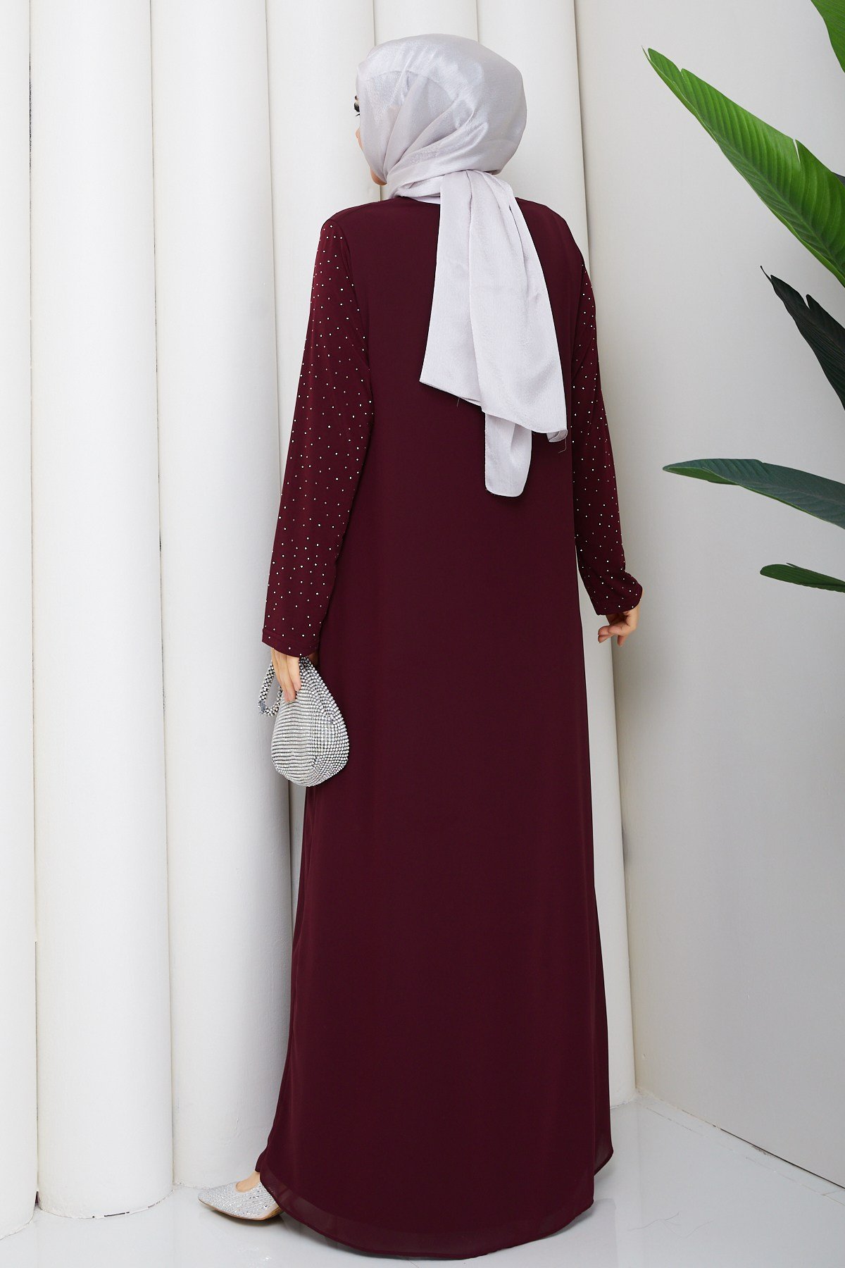 KOLU BENEK DETAYLI ABİYE ELBİSE / Bordo