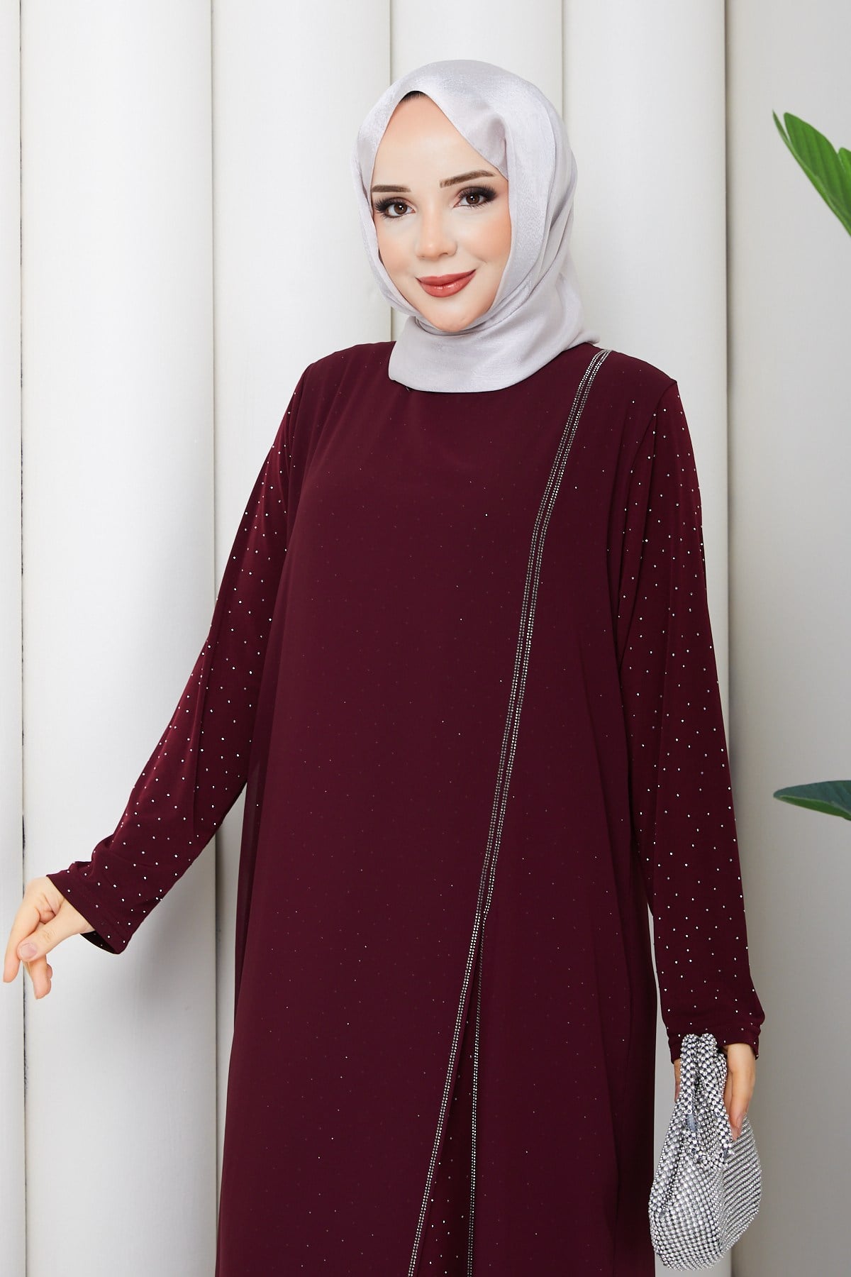 KOLU BENEK DETAYLI ABİYE ELBİSE / Bordo