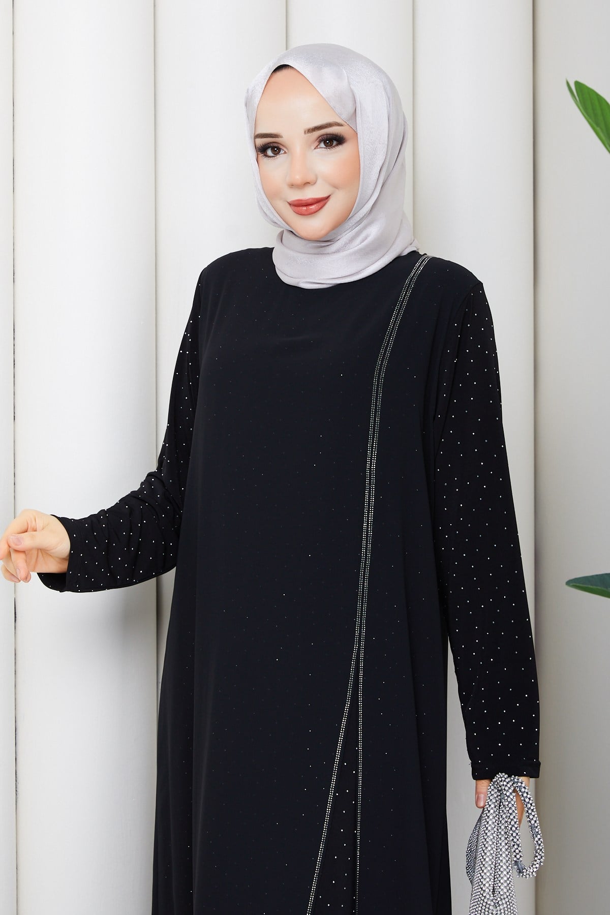KOLU BENEK DETAYLI ABİYE ELBİSE / Siyah