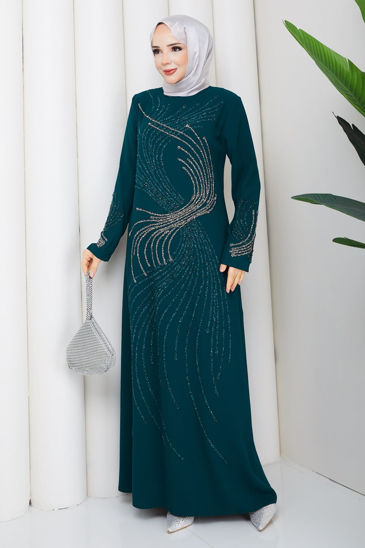 ZARİF TAŞ İŞLEMELİ ABİYE ELBİSE / Haki