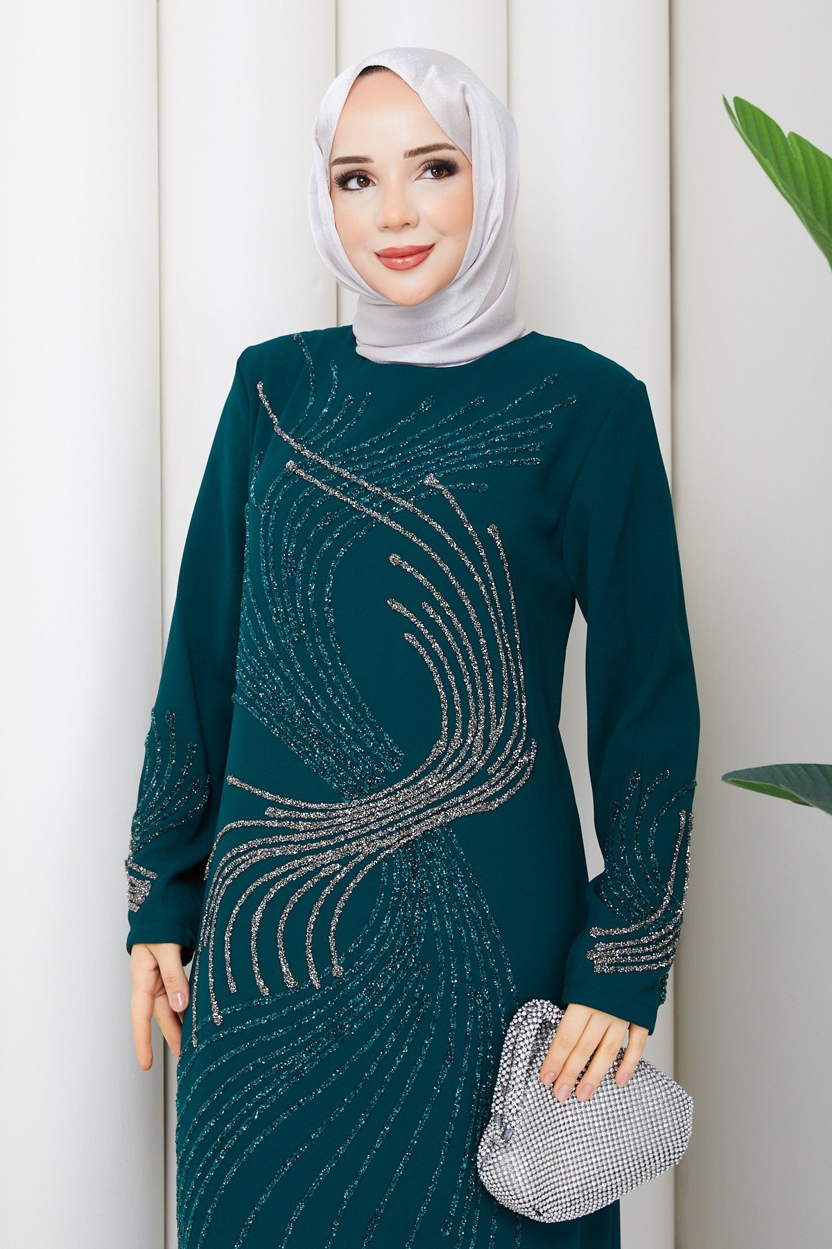ZARİF TAŞ İŞLEMELİ ABİYE ELBİSE / Haki