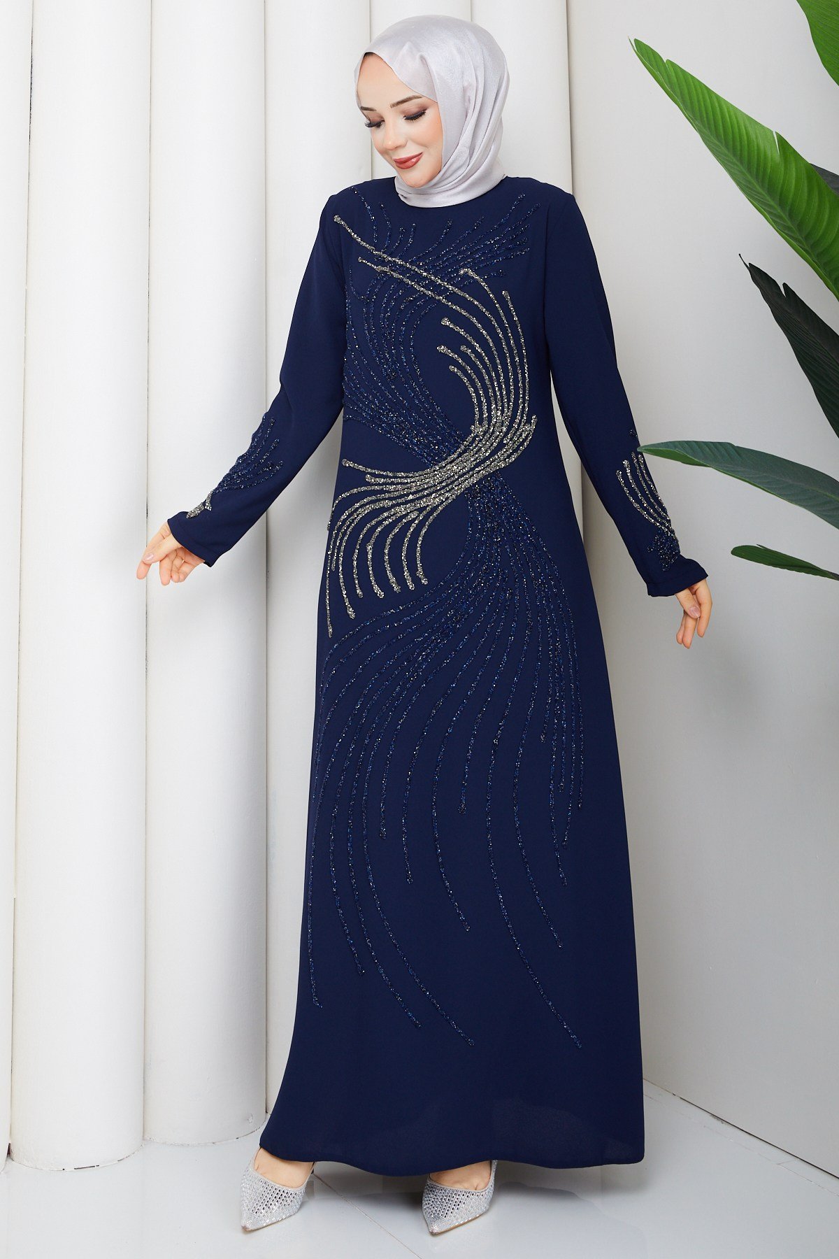 ZARİF TAŞ İŞLEMELİ ABİYE ELBİSE / Lacivert