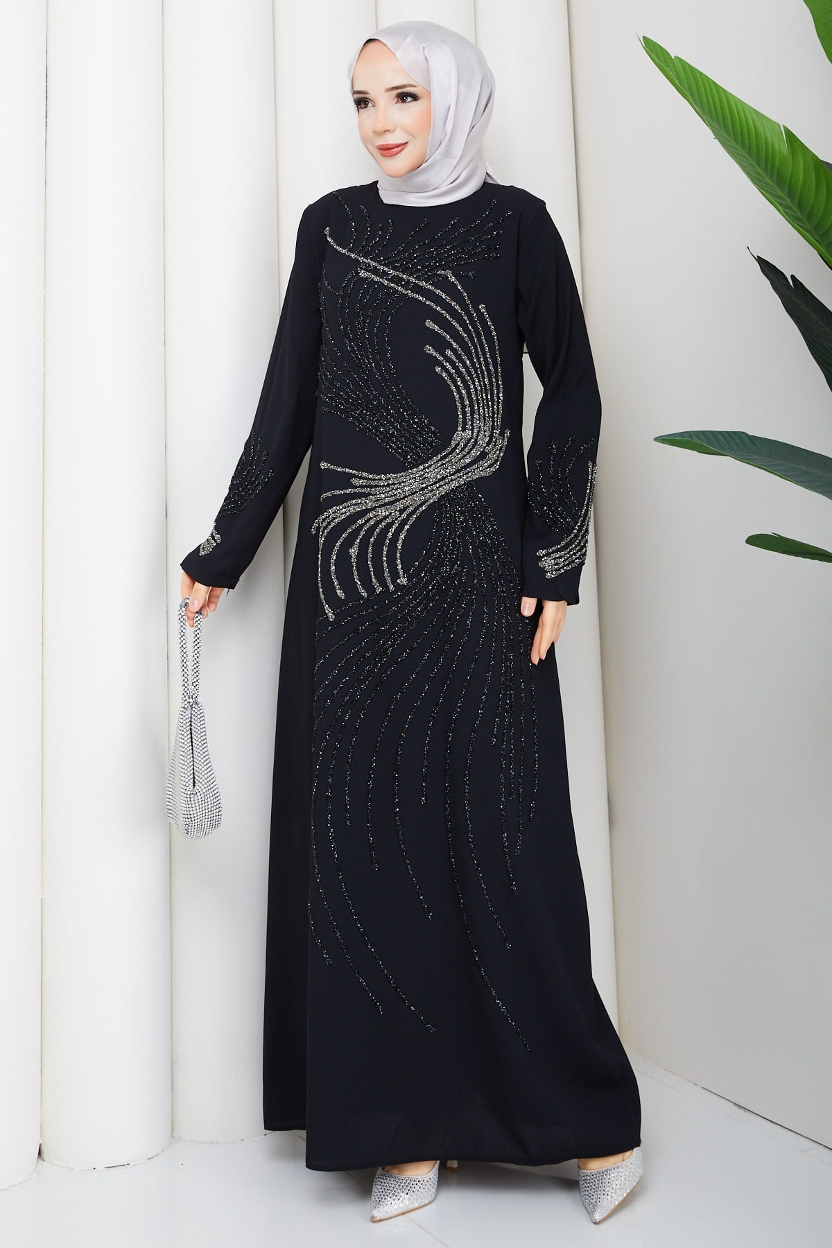ZARİF TAŞ İŞLEMELİ ABİYE ELBİSE / Siyah