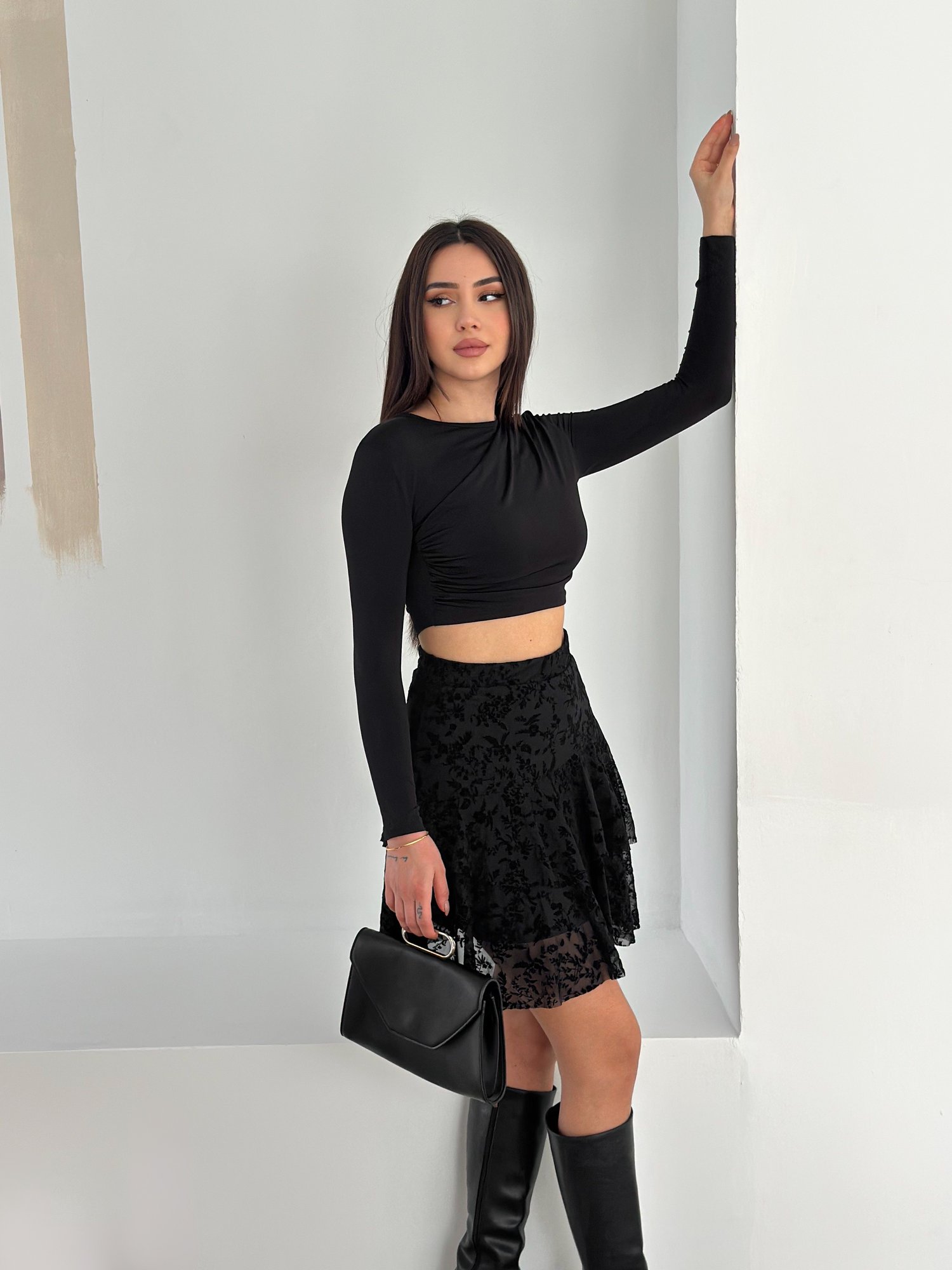 Kadın İçten Astarlı Flok Baskılı Mini Etek