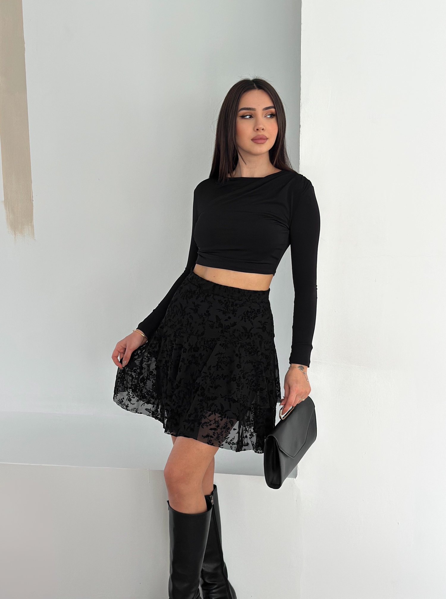 Kadın İçten Astarlı Flok Baskılı Mini Etek