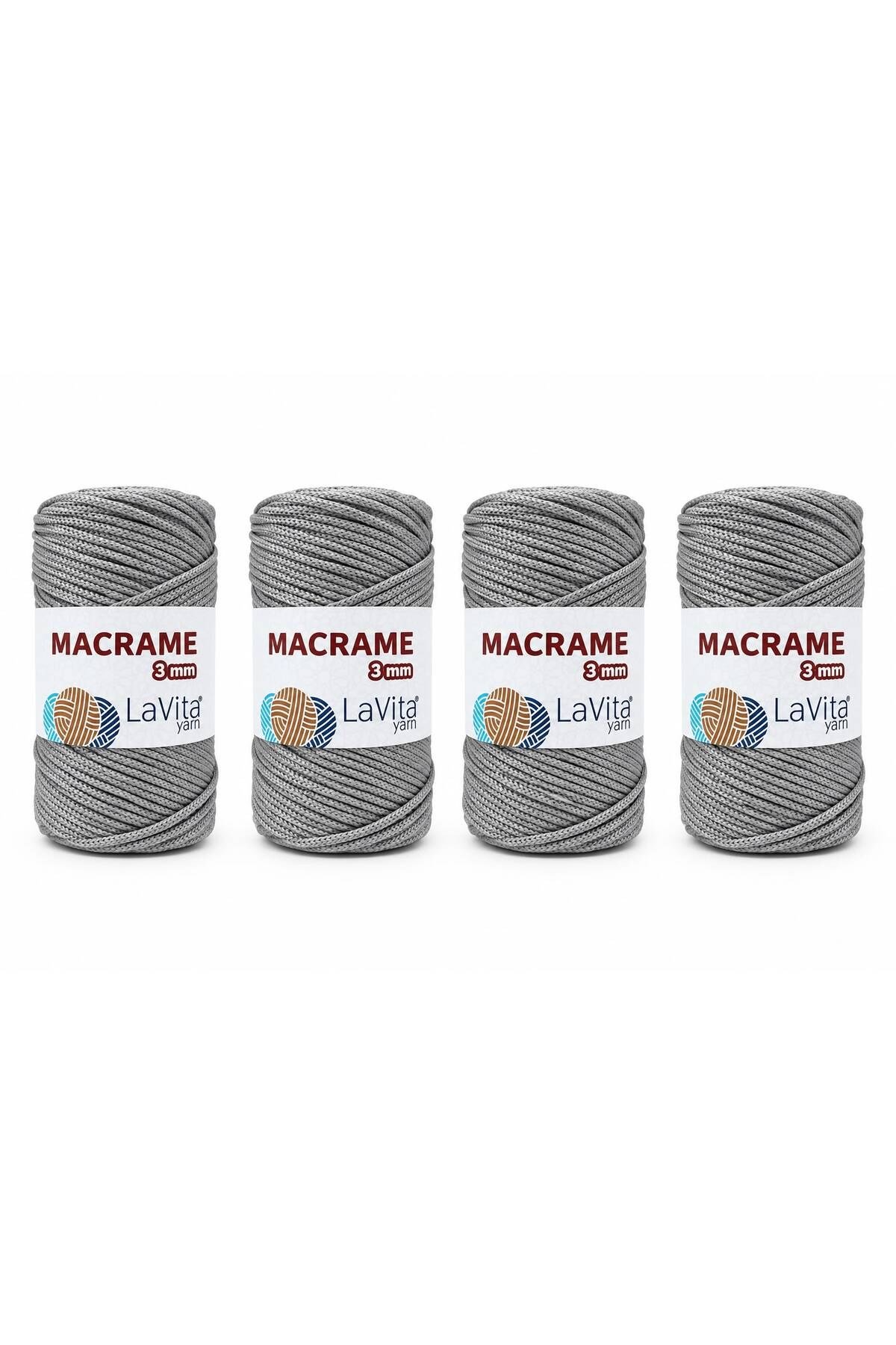 LaVita Macrame El Örgü İpi %100 Polyester 3MM 1 KİLOGRAM 4 ADET (430 GRİ)
