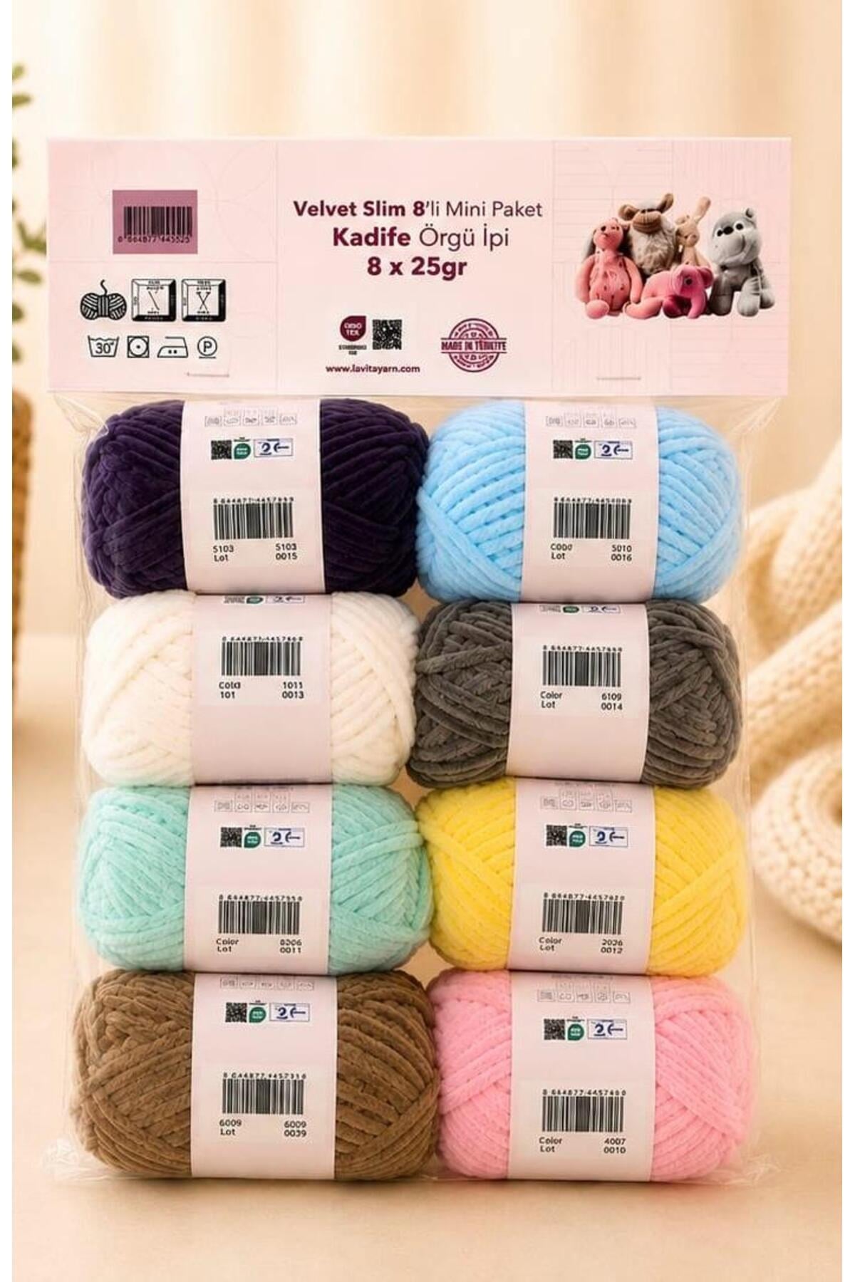 LaVita Velvet Slim Mini Kadife El Örgü İpi %100 Polyester 8 ADET 200 GR PAKETLİ (2. PAKET)