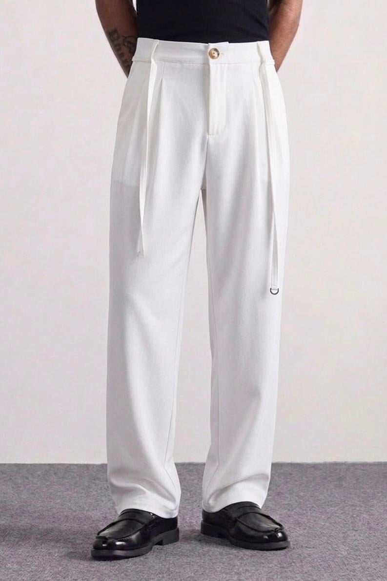 Baggy Bel Bağlamalı Klasik Pantolon Beyaz