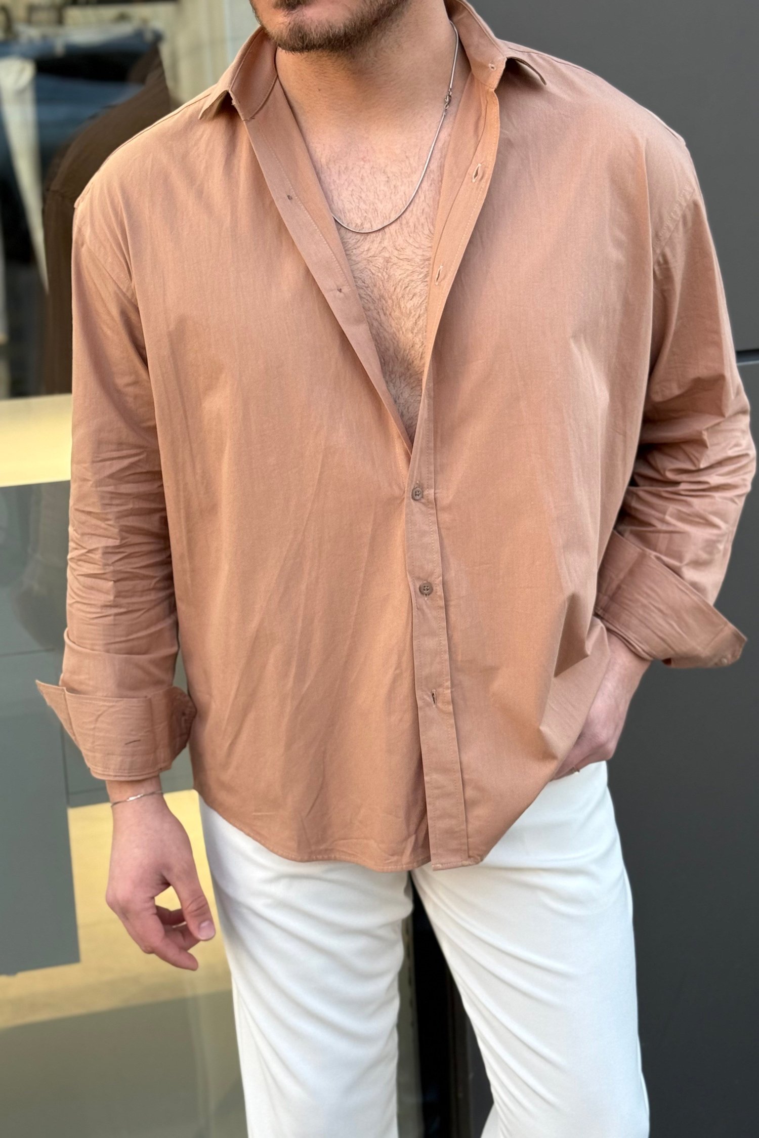 Basic Oversize Gömlek Sütlü Kahve