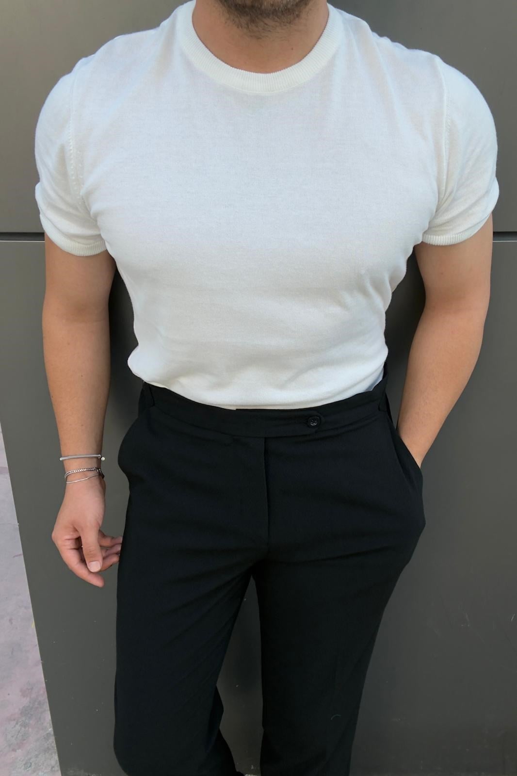 Basic Pamuk Kumaş Bisiklet Yaka Triko Tshirt Beyaz