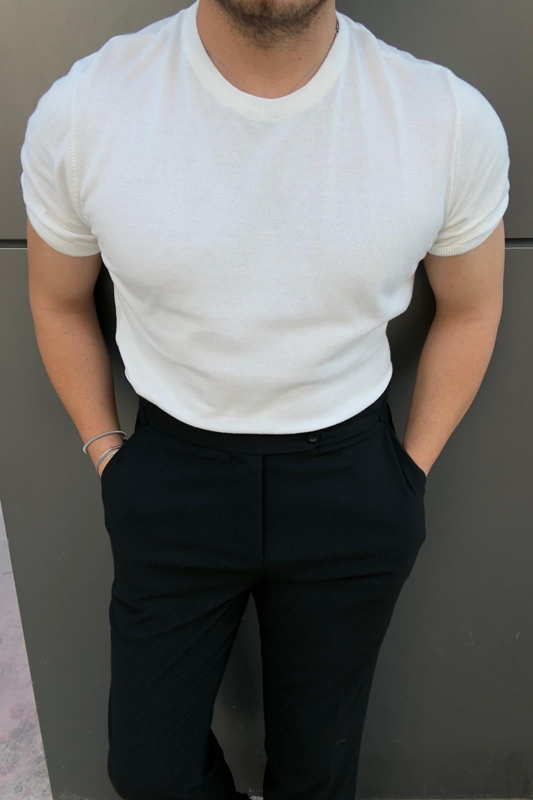 Basic Pamuk Kumaş Bisiklet Yaka Triko Tshirt Beyaz