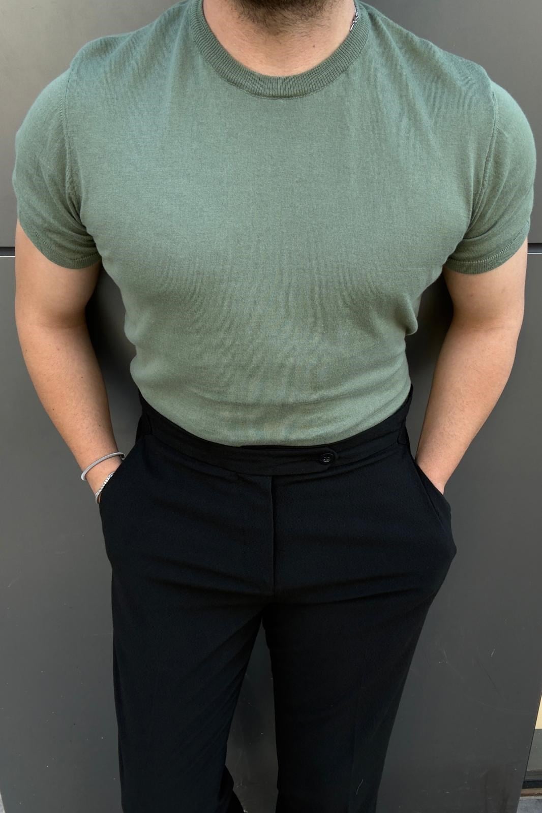 Basic Pamuk Kumaş Bisiklet Yaka Triko Tshirt Yeşil