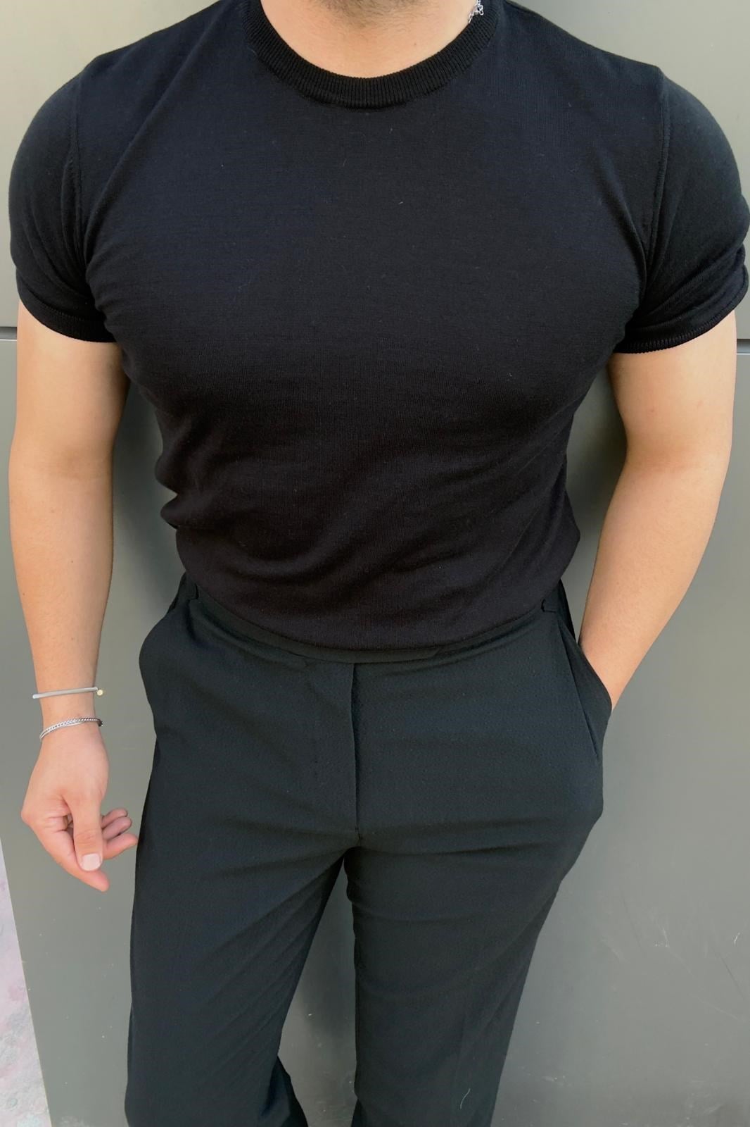 Basic Pamuk Kumaş Bisiklet Yaka Triko Tshirt Siyah