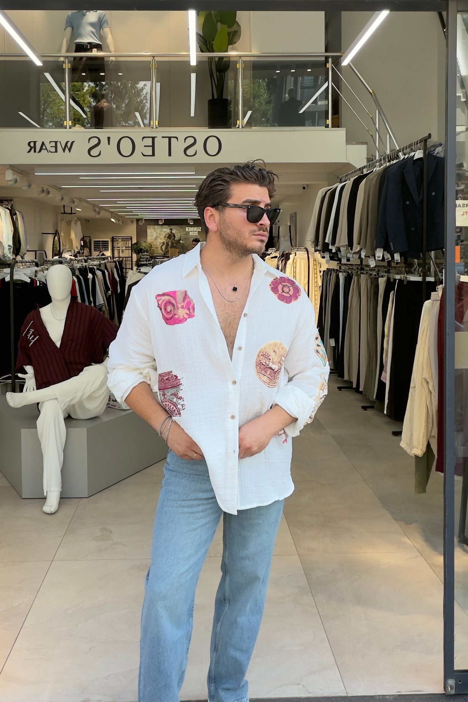 Baskı Desenli Müslin Oversize Gömlek Beyaz