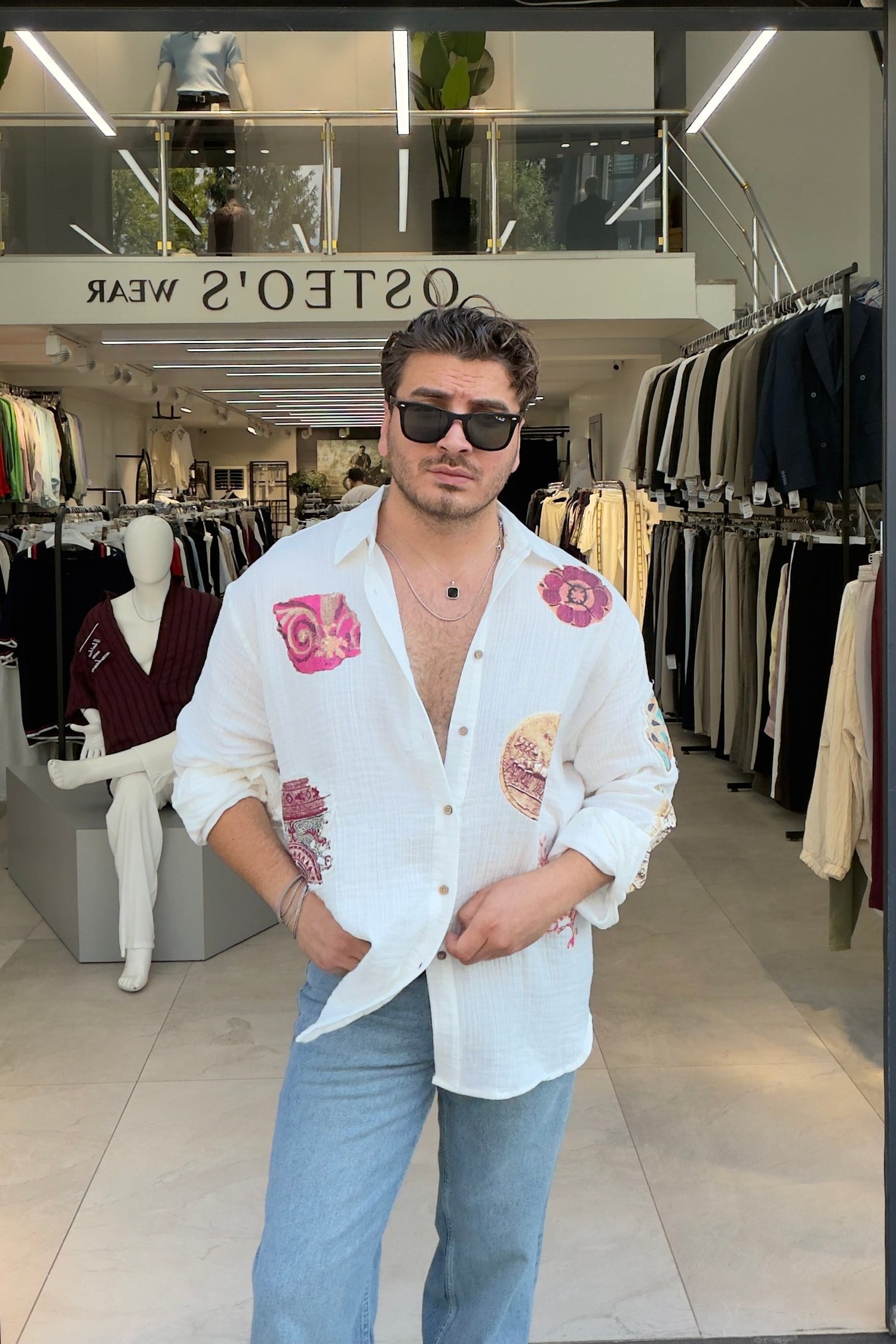 Baskı Desenli Müslin Oversize Gömlek Beyaz