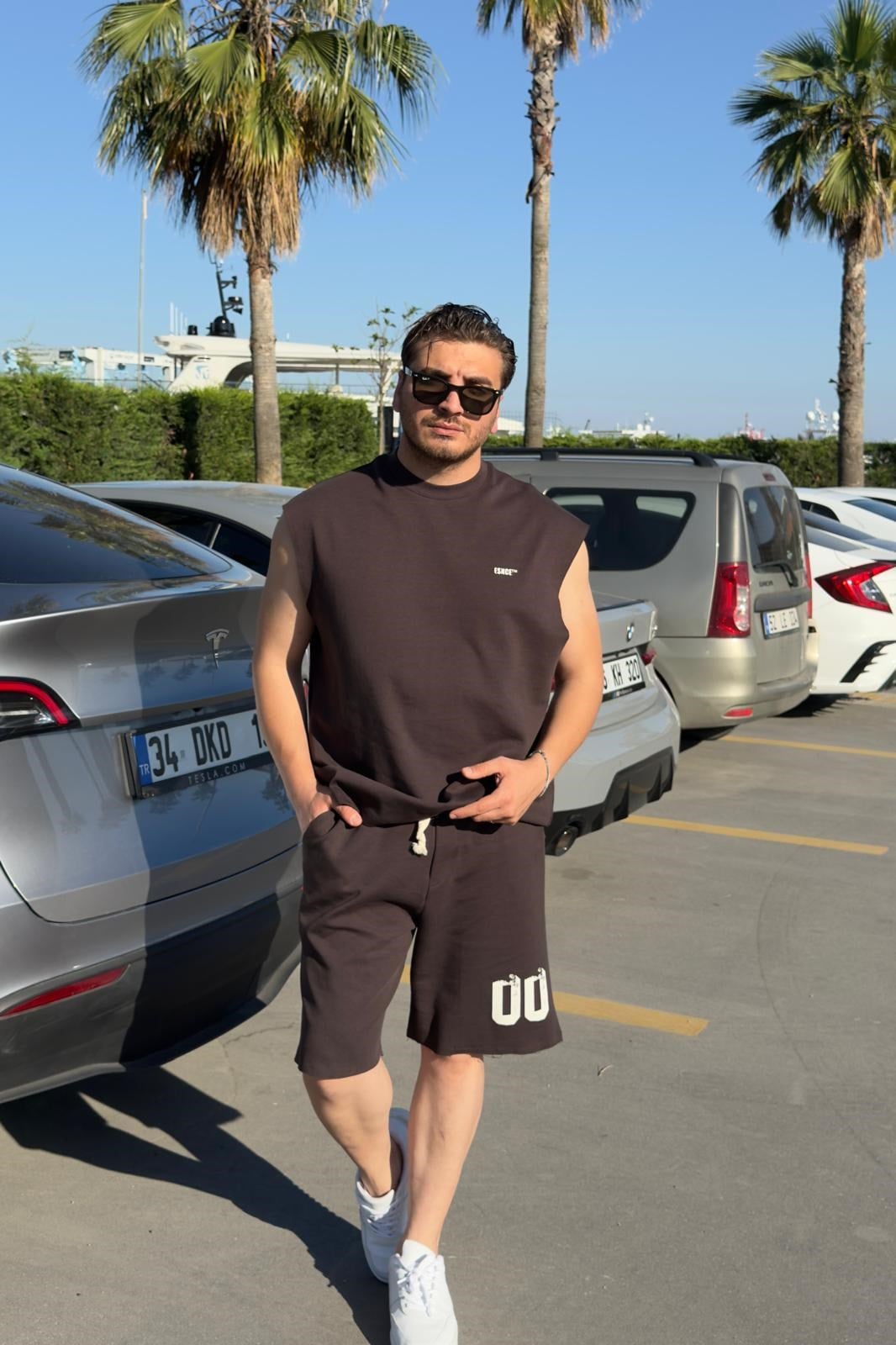 Baskılı Oversize Şort Takım Kahve