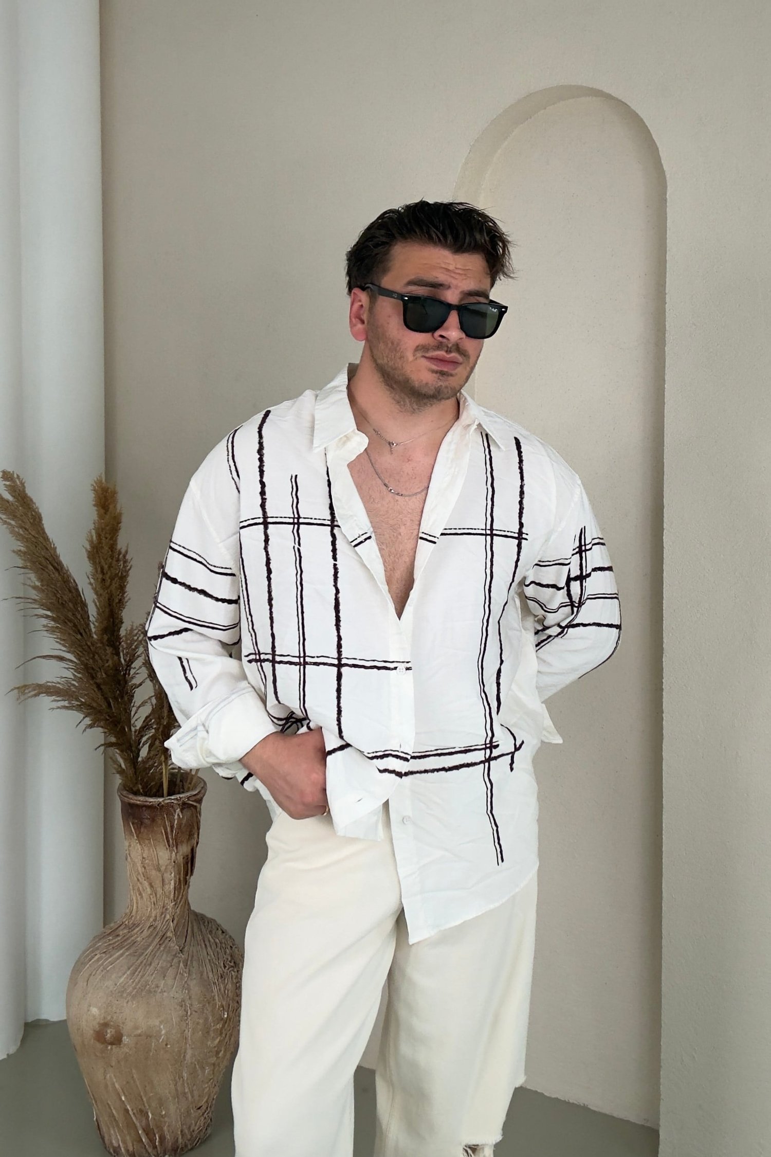 Çizgi Desenli Oversize Tensel Gömlek Beyaz