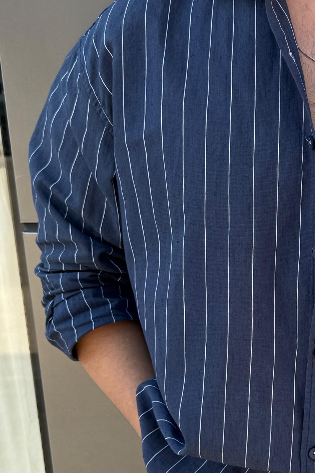 Çizgili Basic Oversize Gömlek Beyaz-Lacivert