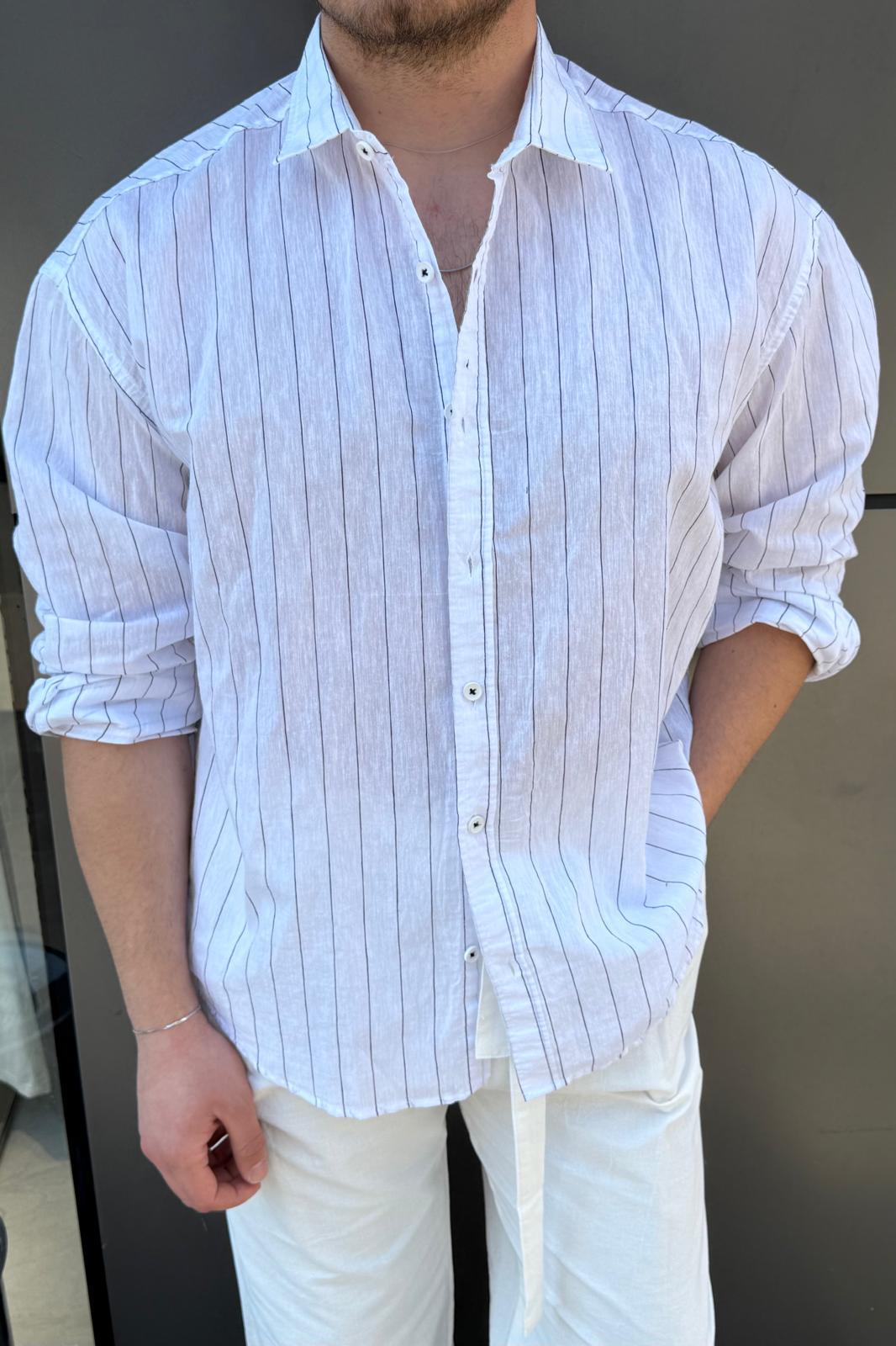 Çizgili Basic Oversize Gömlek Beyaz-Siyah